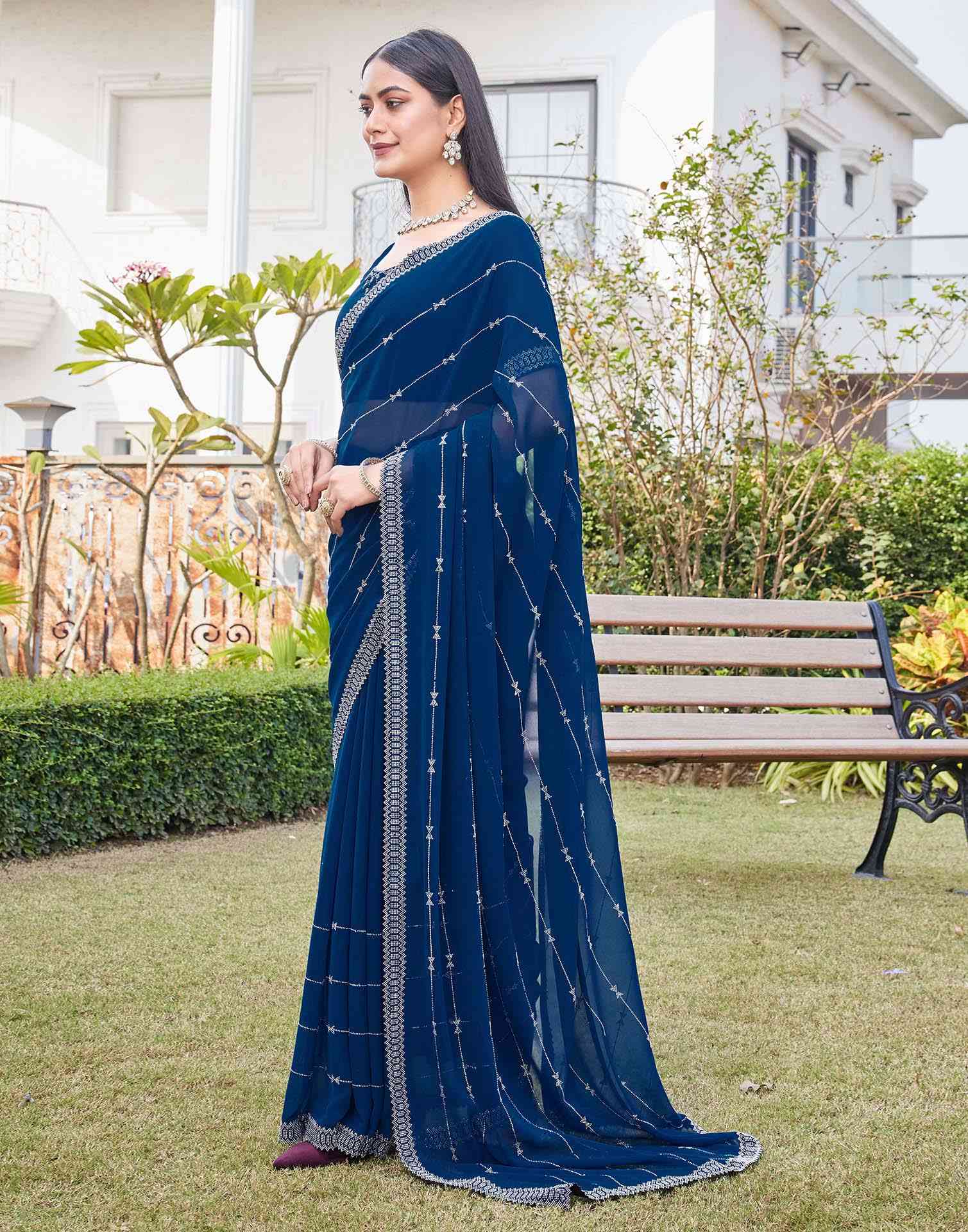 Dark Blue Georgette Stone Work Embellished Saree - Image 5
