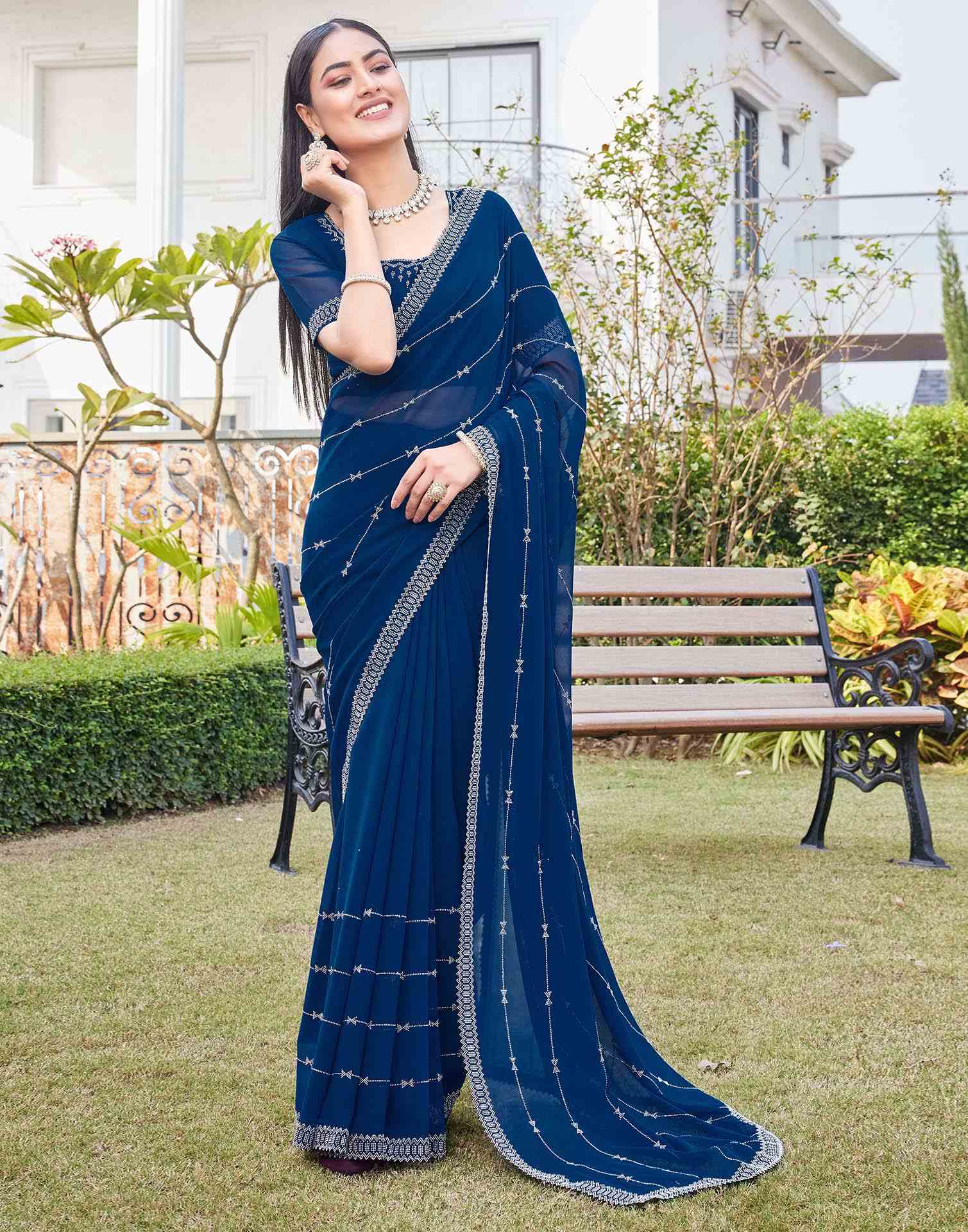 Dark Blue Georgette Stone Work Embellished Saree - Image 6