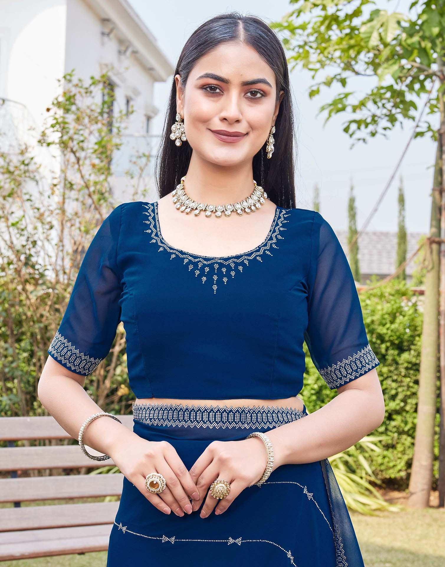 Dark Blue Georgette Stone Work Embellished Saree - Image 8