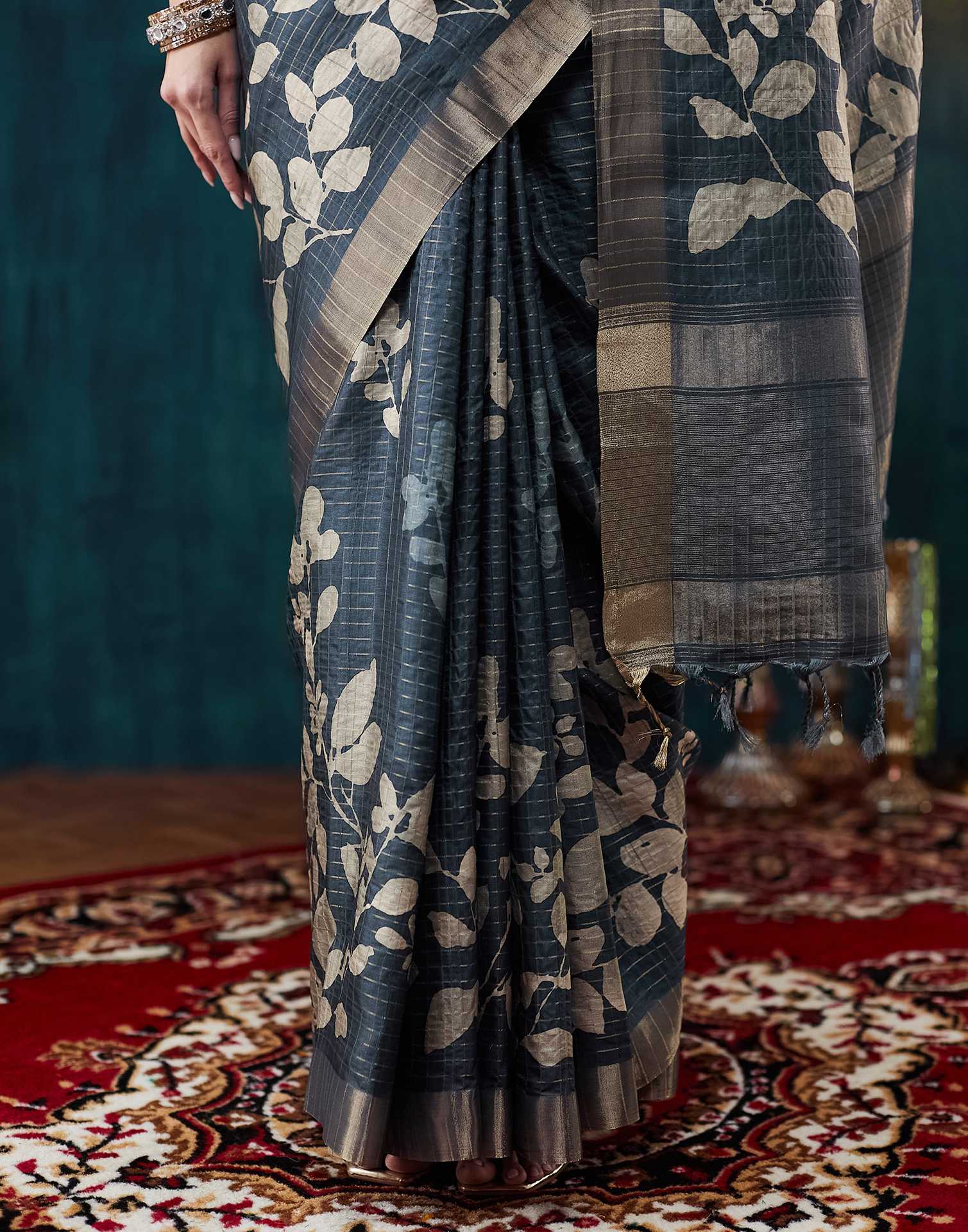 Dark Blue Grey Printed Silk Saree - Image 9