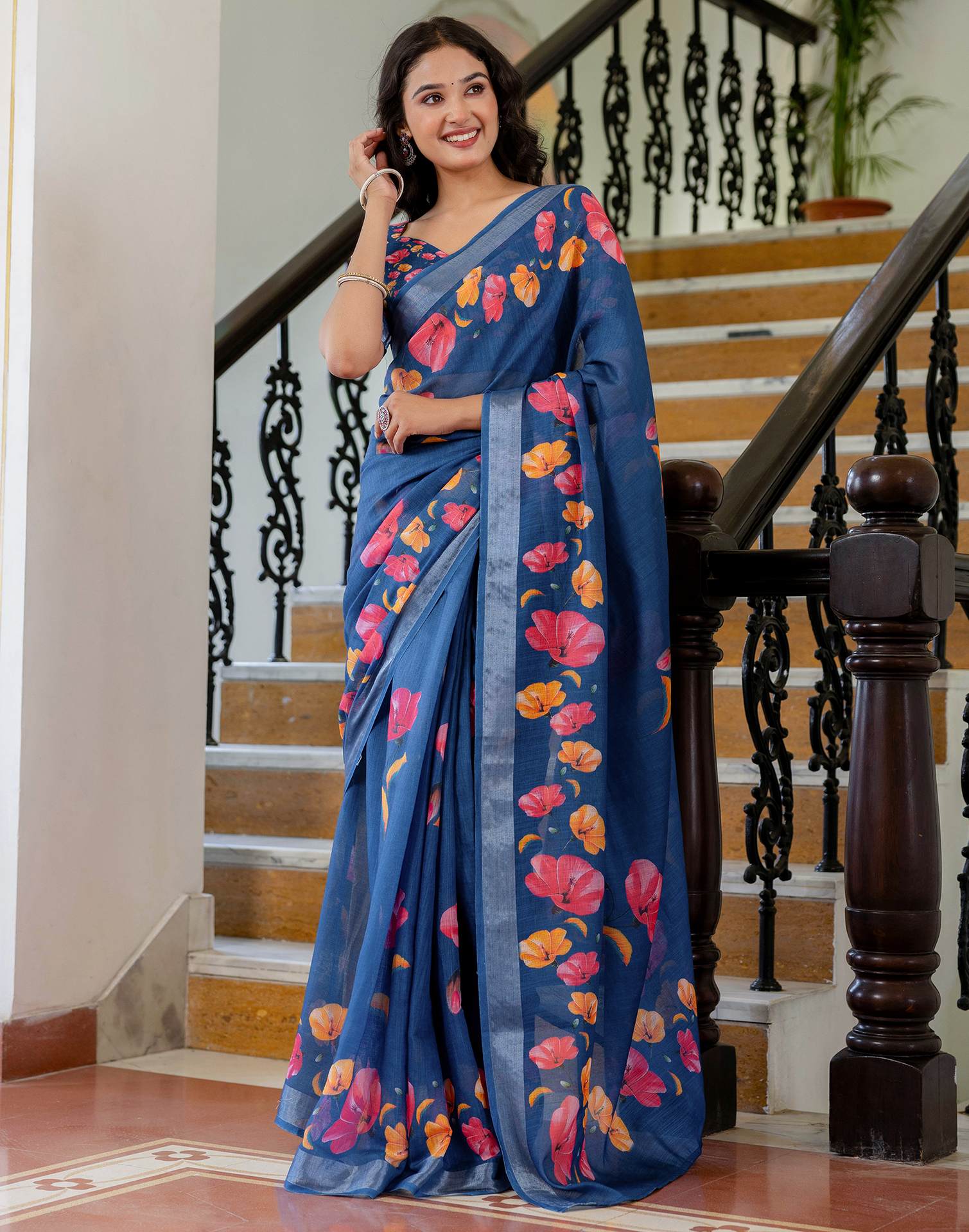 Dark Blue Linen Floral PrintedĀ Saree