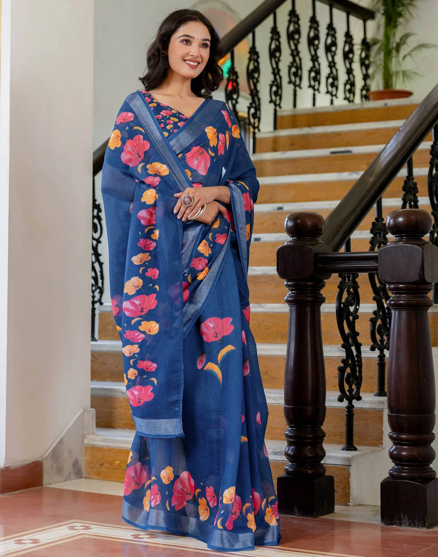 Dark Blue Linen Floral PrintedĀ Saree - Image 4
