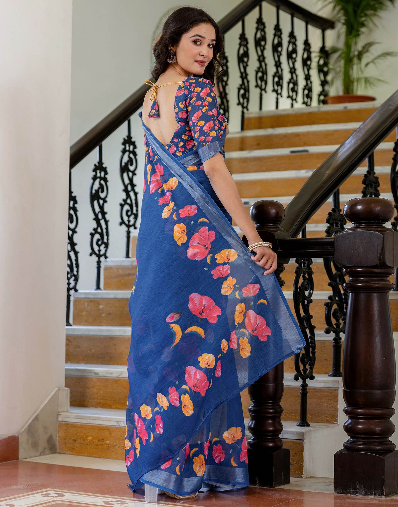 Dark Blue Linen Floral PrintedĀ Saree - Image 5