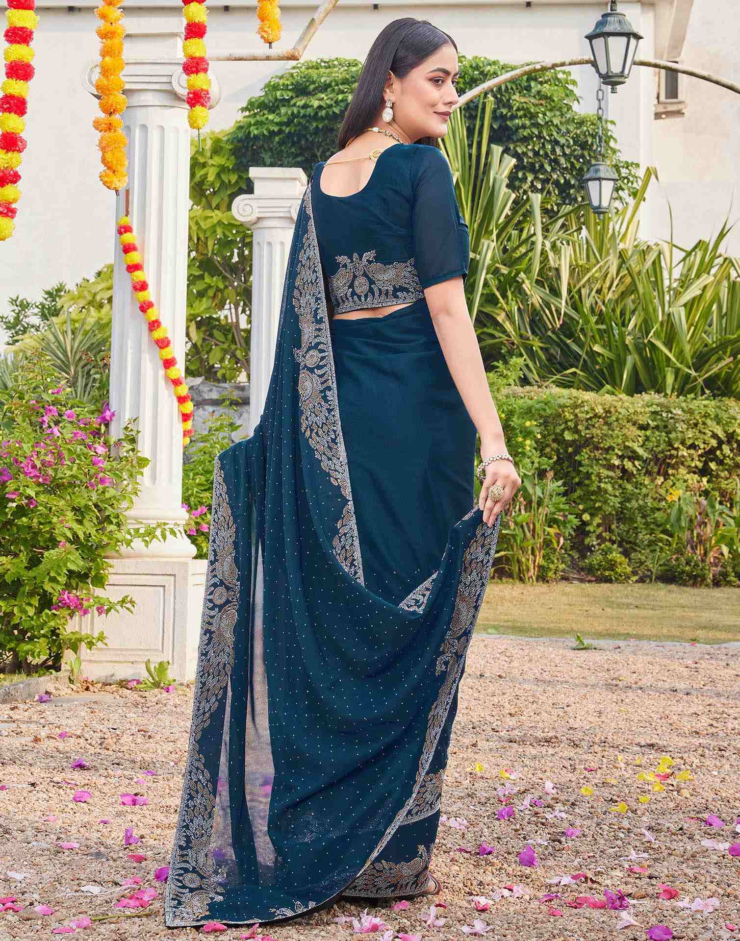 Dark Blue Shimmer Stone Work Swarovski Saree - Image 5