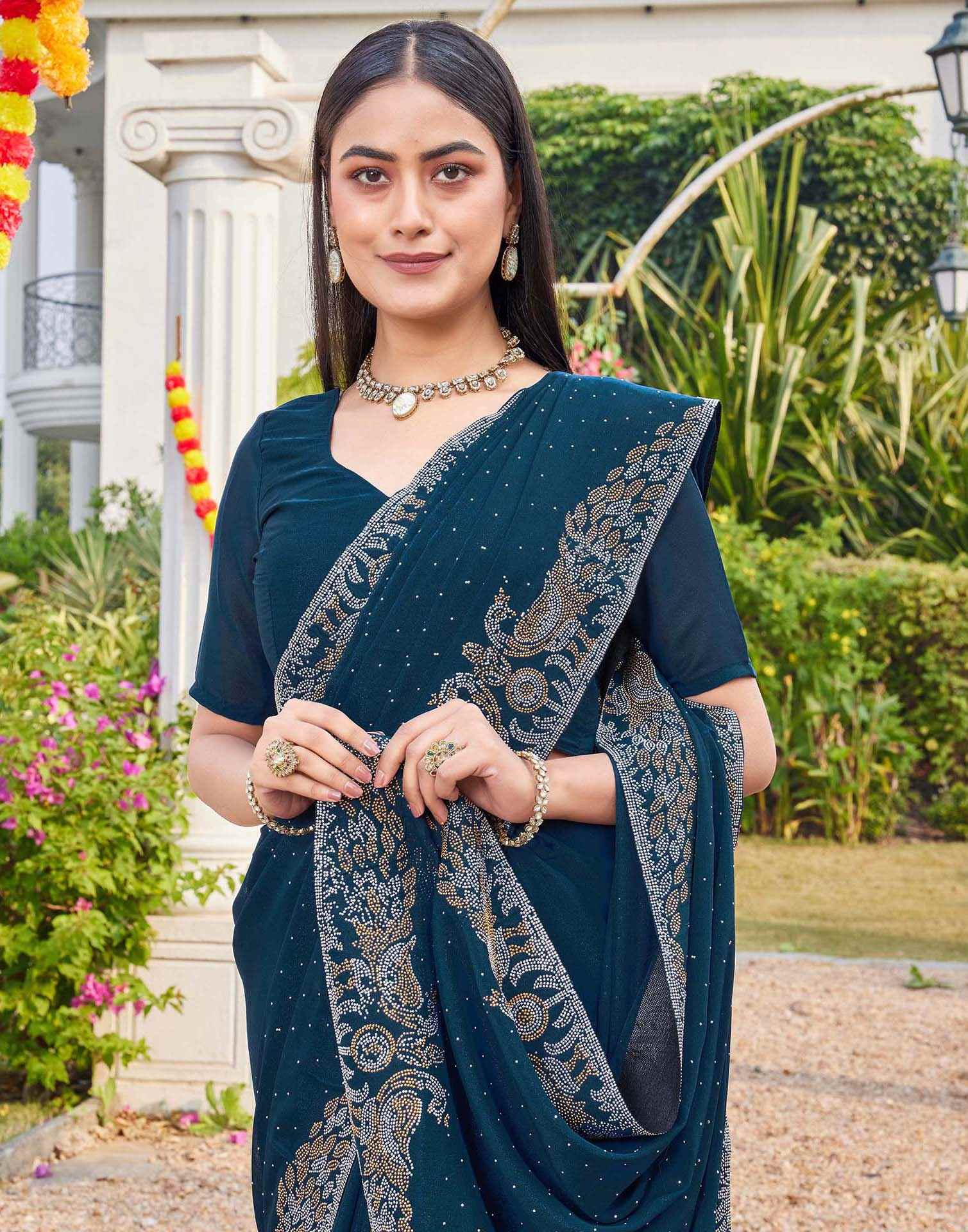 Dark Blue Shimmer Stone Work Swarovski Saree - Image 7