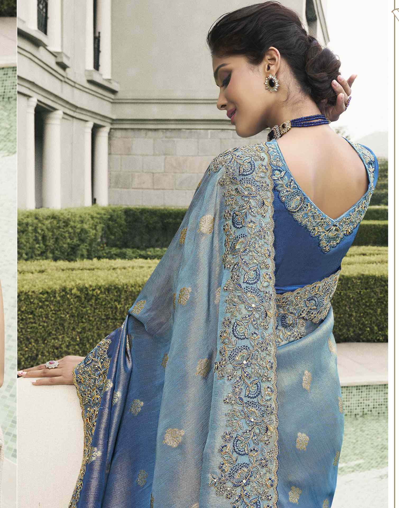 Blue Silk Embroidery Embellished Saree - Image 4