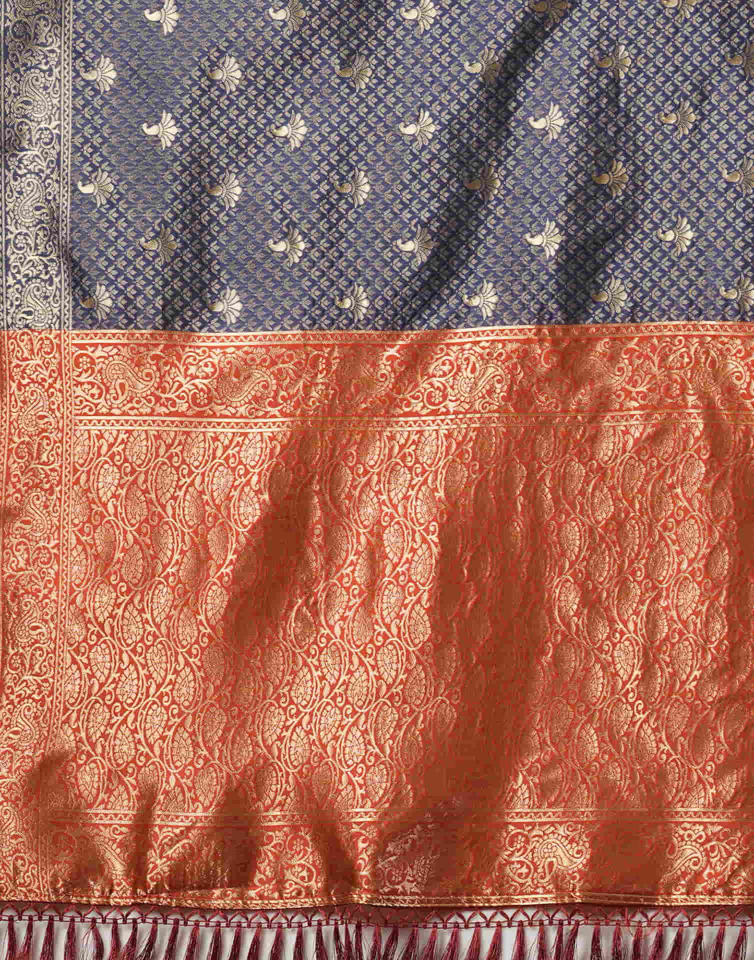 Blue Silk Blend Woven Banarasi Saree - Image 8