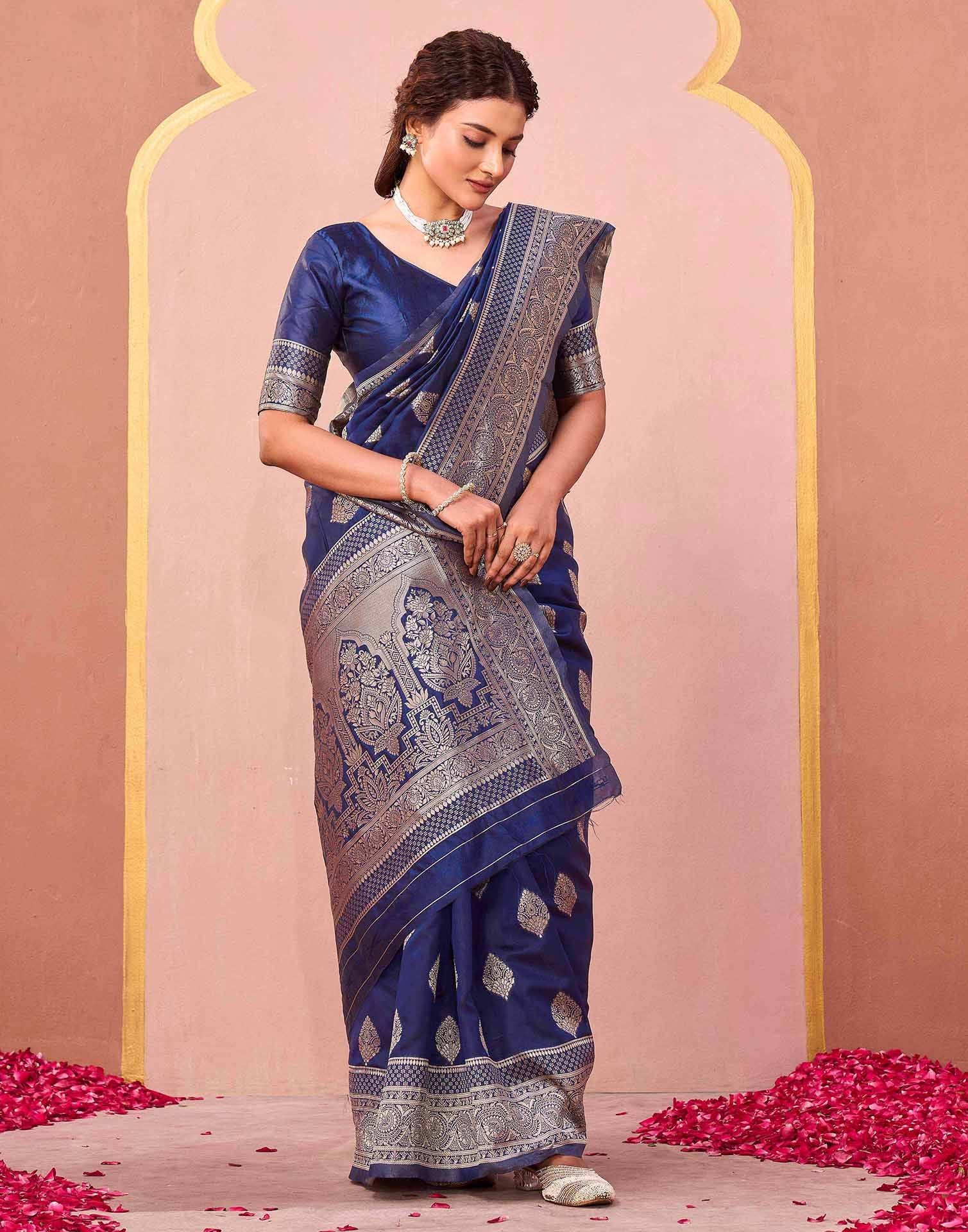 Dark Blue Silk Woven Banarasi Saree - Image 5