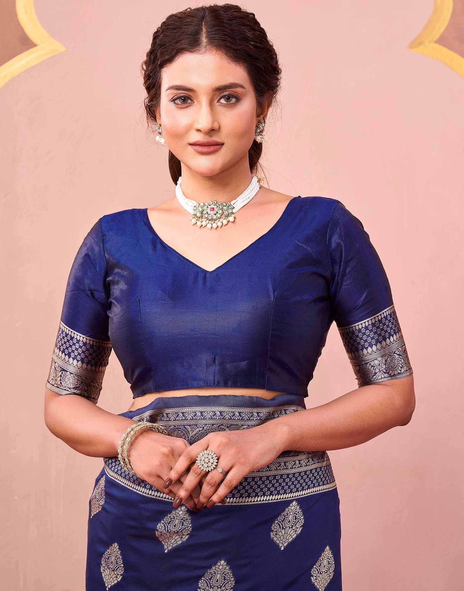 Dark Blue Silk Woven Banarasi Saree - Image 7
