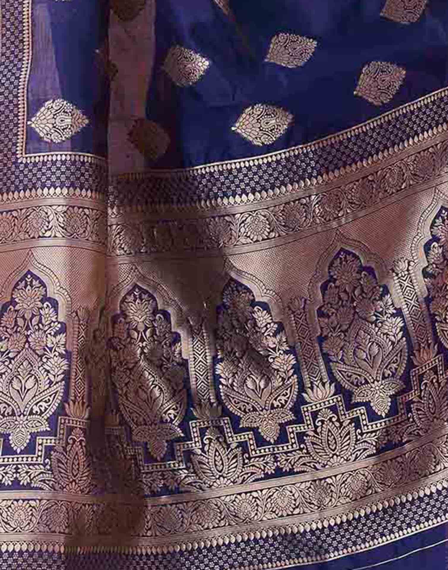 Dark Blue Silk Woven Banarasi Saree - Image 8