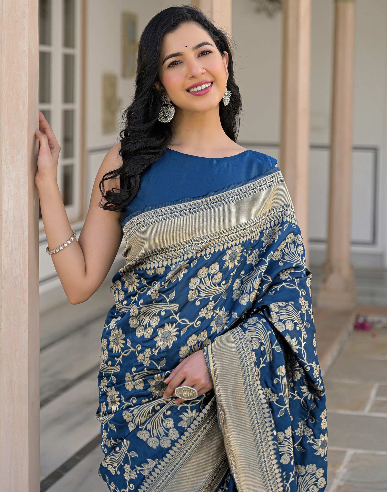 Dark Blue Silk Woven Banarasi Saree - Image 2