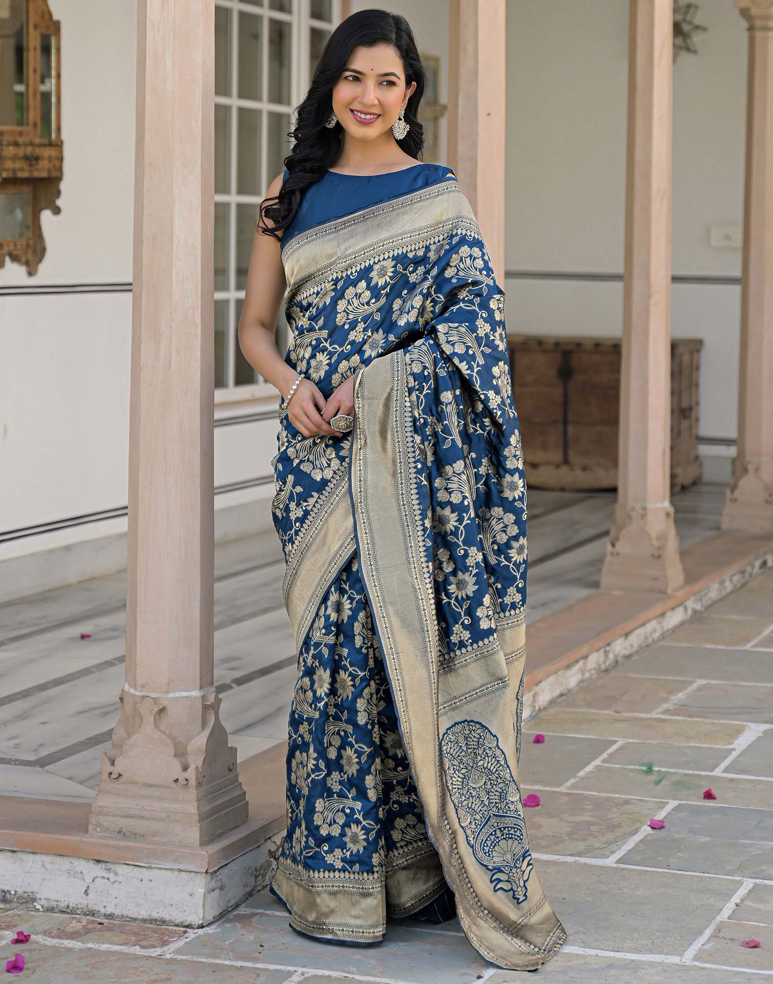 Dark Blue Silk Woven Banarasi Saree - Image 7
