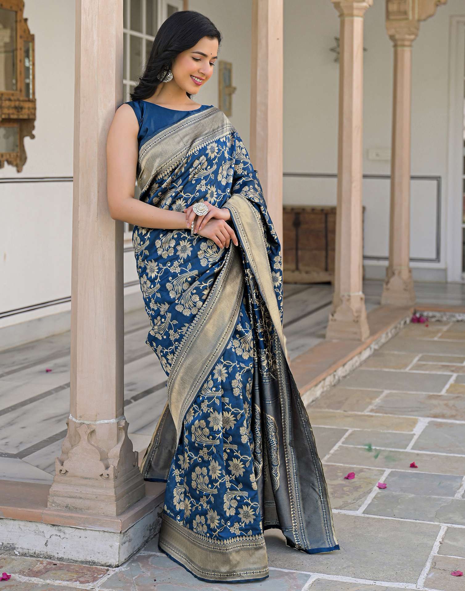 Dark Blue Silk Woven Banarasi Saree - Image 8