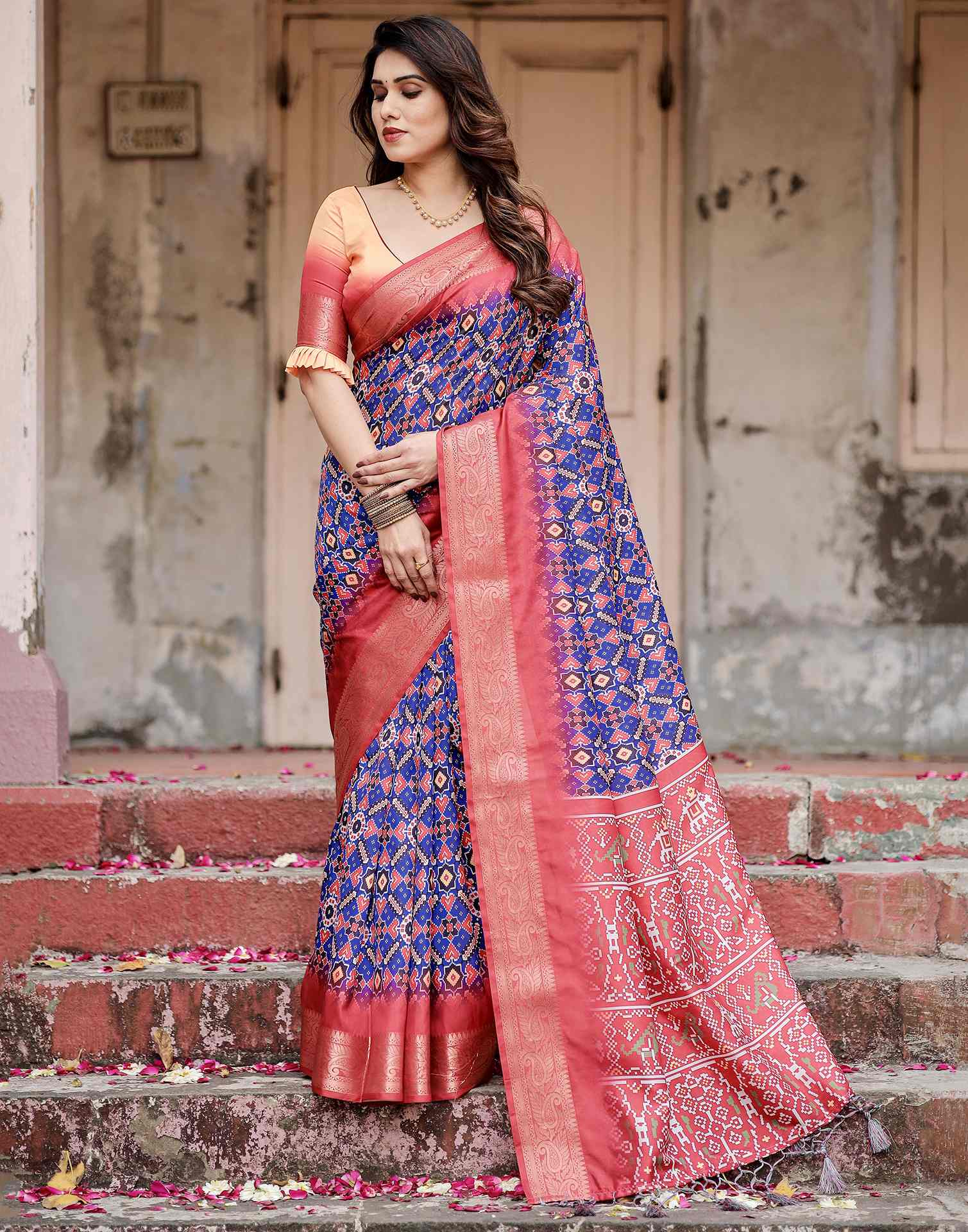 Dark Blue Tussar Silk Printed Patola Saree