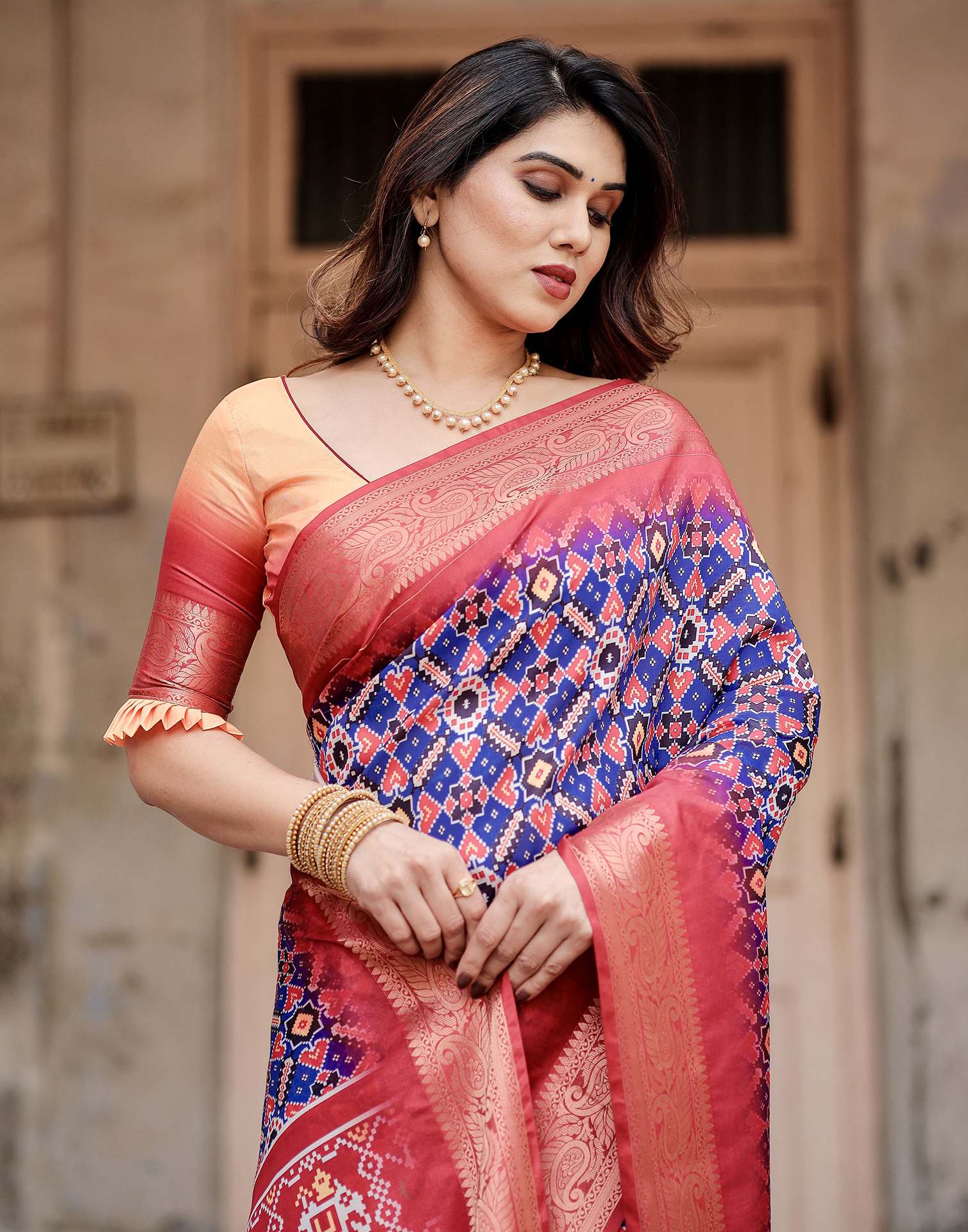 Dark Blue Tussar Silk Printed Patola Saree - Image 2