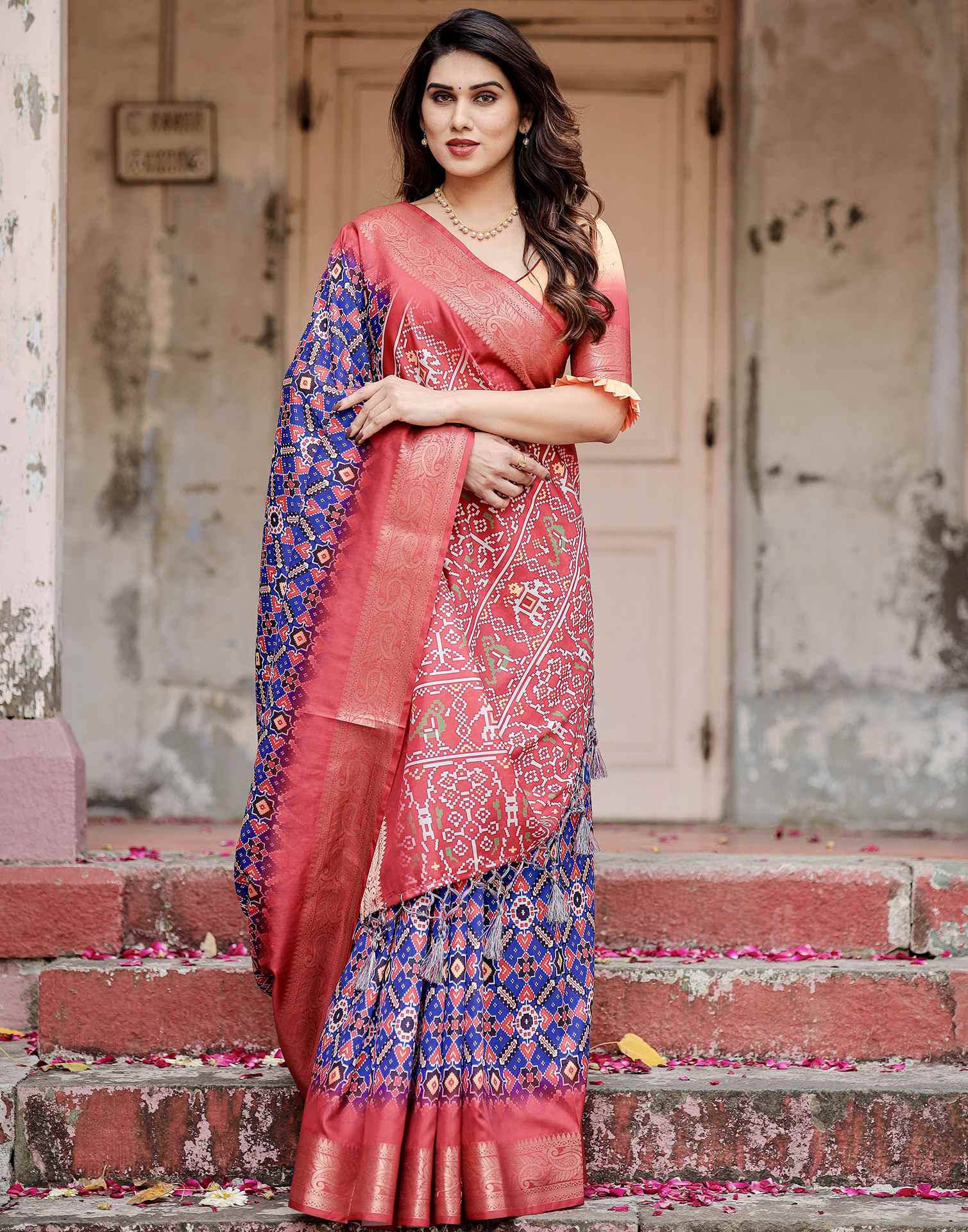 Dark Blue Tussar Silk Printed Patola Saree - Image 4