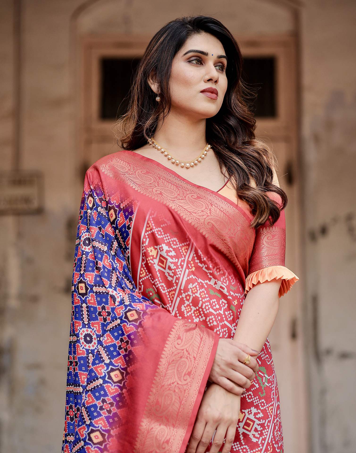 Dark Blue Tussar Silk Printed Patola Saree - Image 5