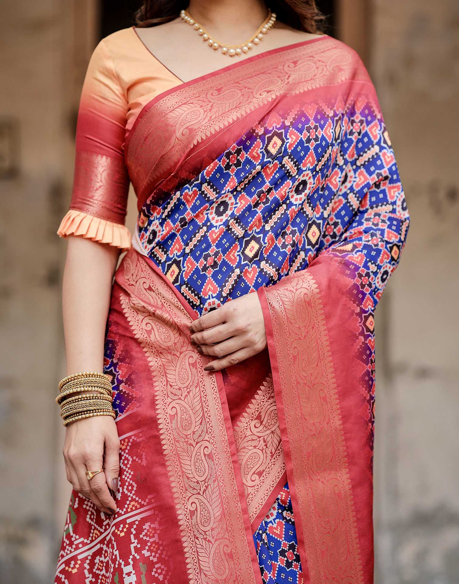 Dark Blue Tussar Silk Printed Patola Saree - Image 6