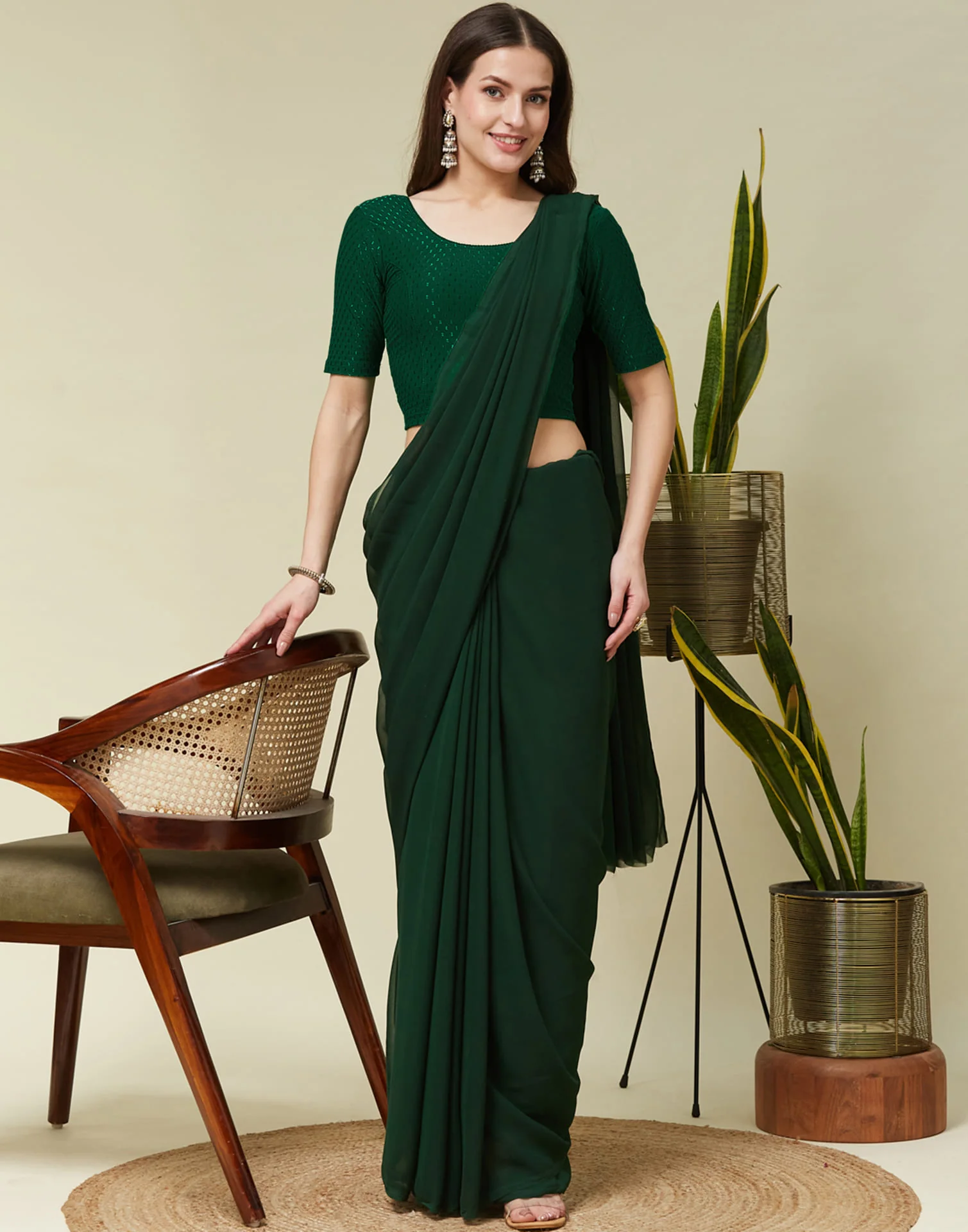 Dark Bottle Green Cotton Lycra Dyed Self Woven Blouse - Image 6