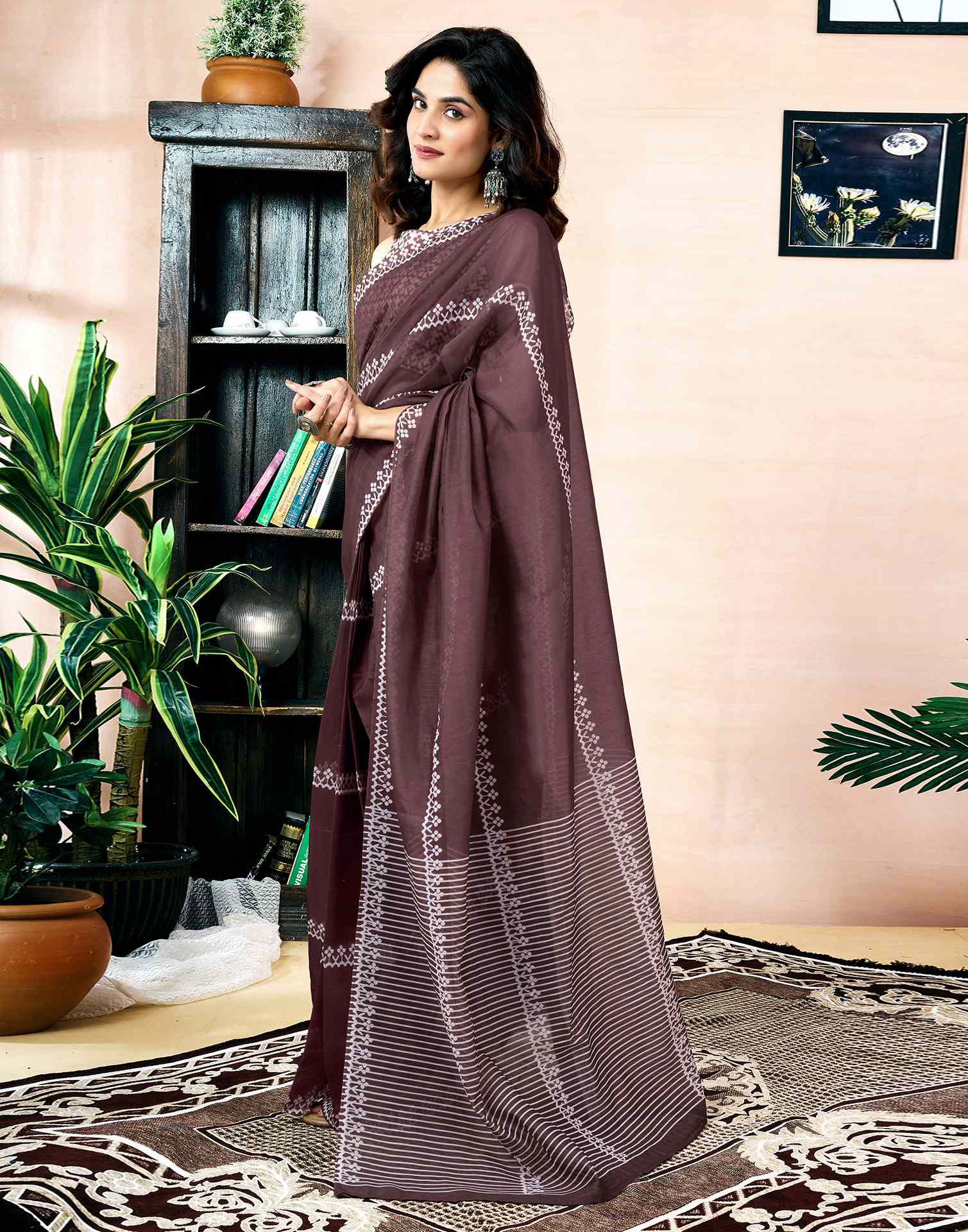 Ready To Wear Dark Brown Chanderi Printed Saree - Image 5