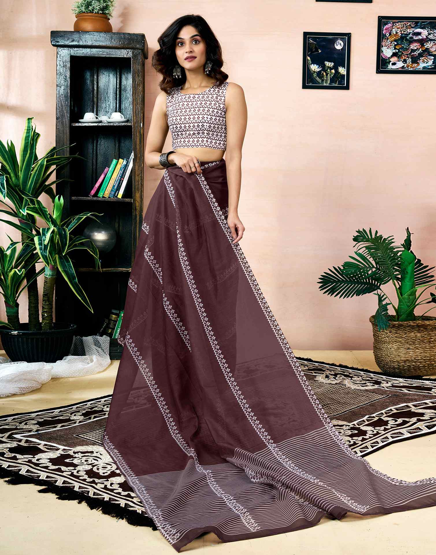 Ready To Wear Dark Brown Chanderi Printed Saree - Image 6