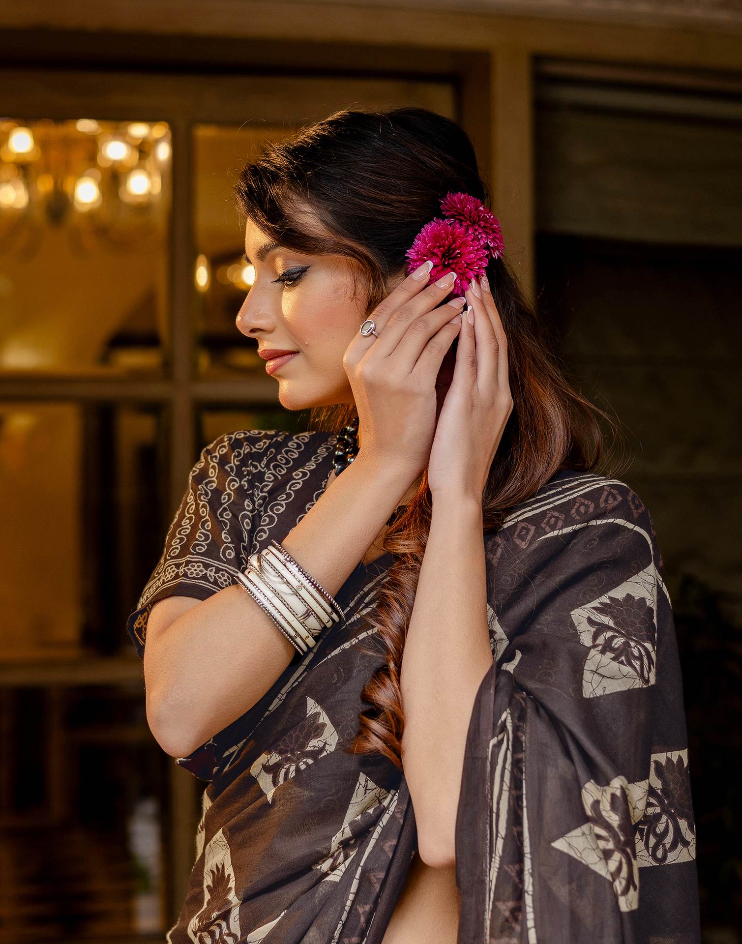 Dark Brown Cotton Printed Saree - Image 13