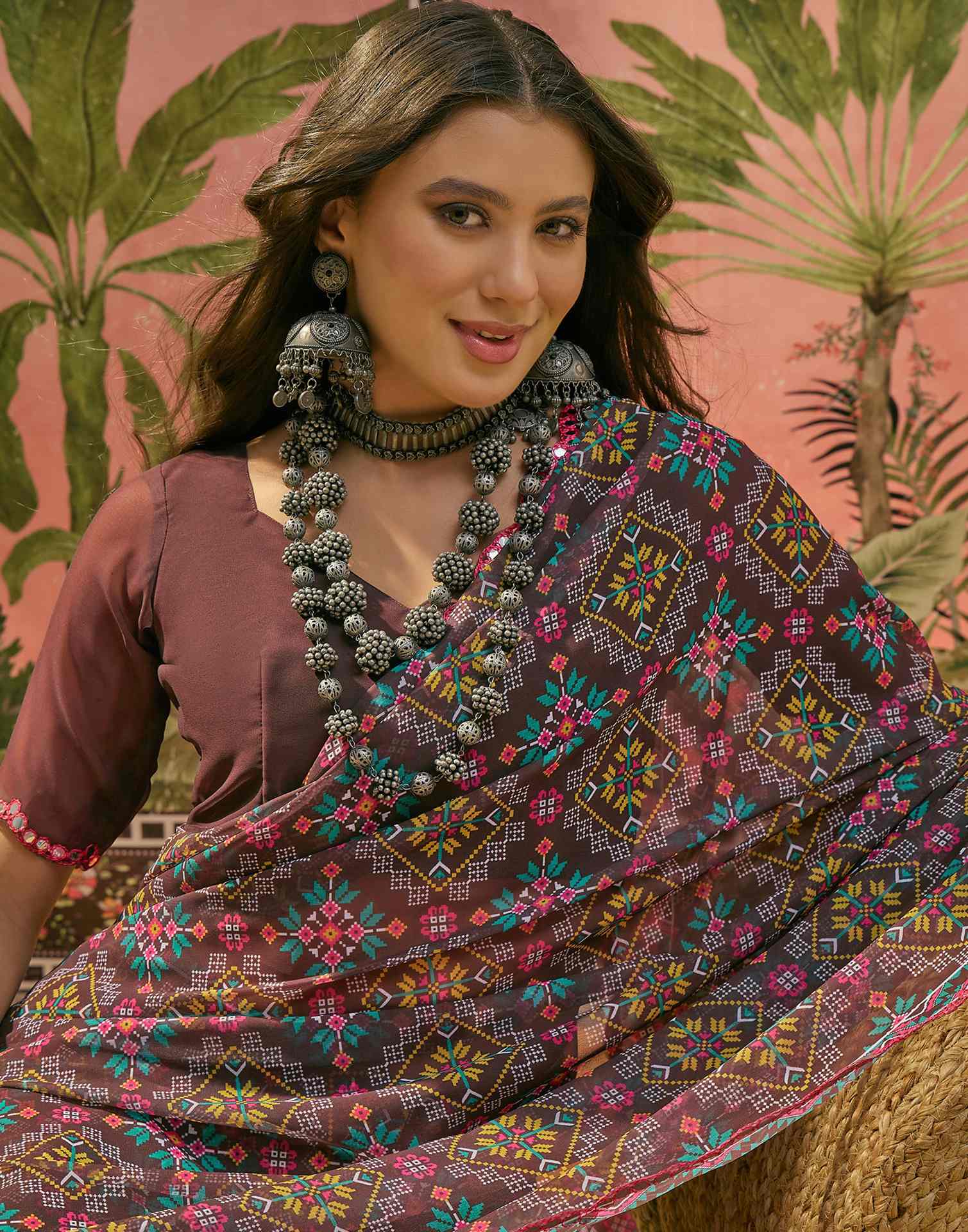 Dark Brown Georgette Printed Mirror Work Saree - Image 2