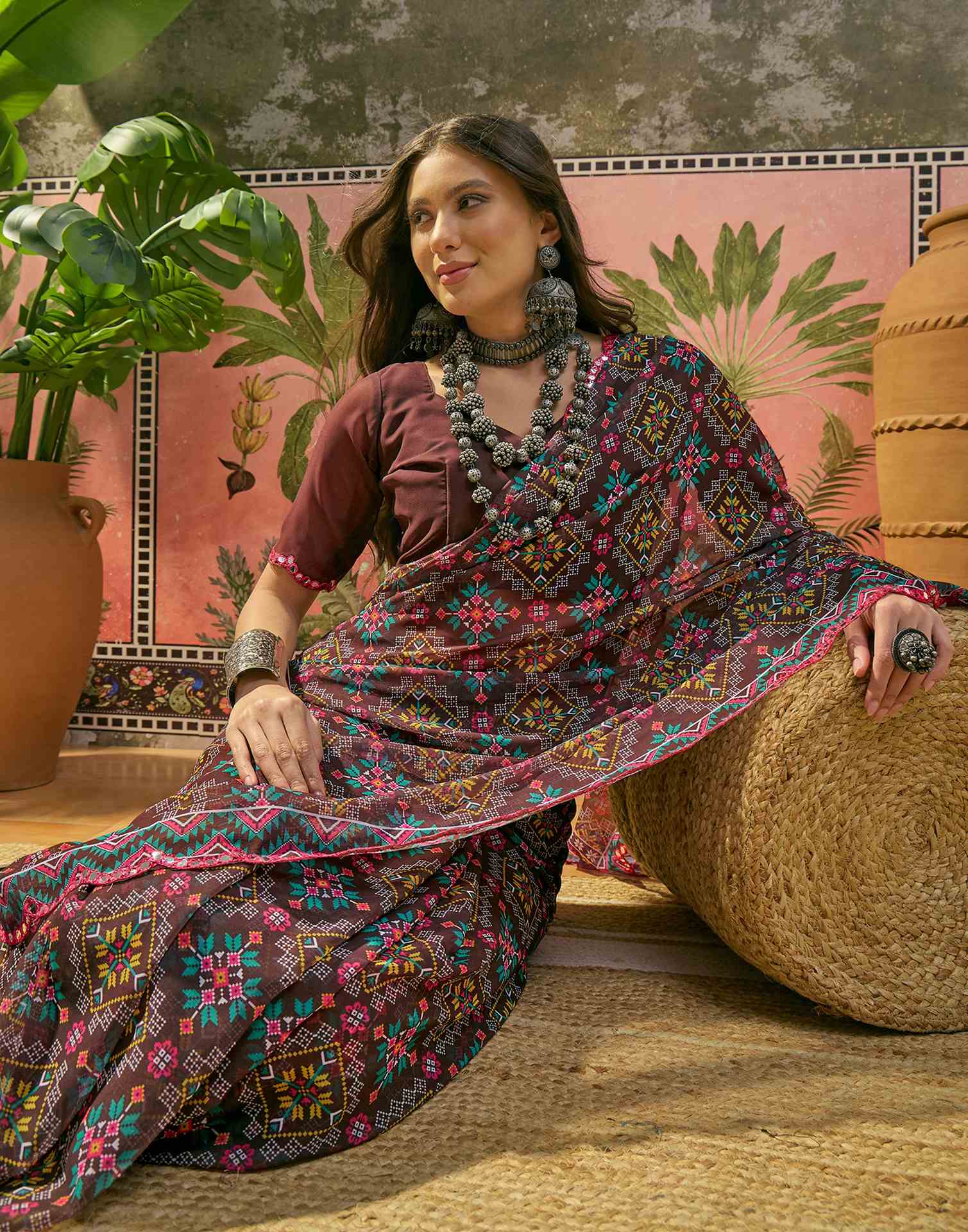 Dark Brown Georgette Printed Mirror Work Saree - Image 4