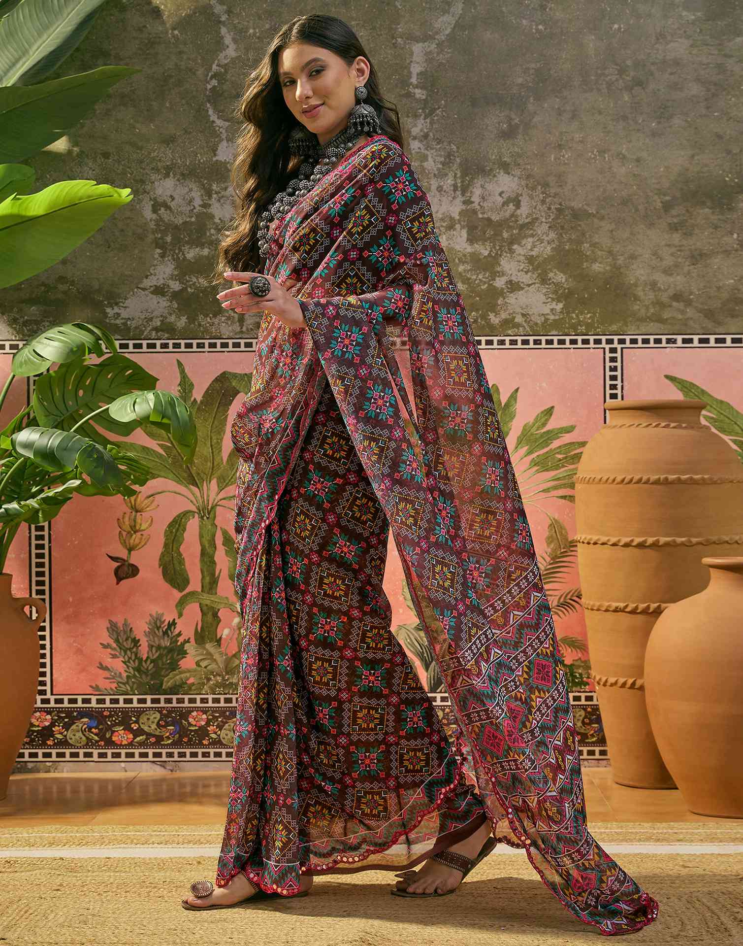Dark Brown Georgette Printed Mirror Work Saree - Image 5