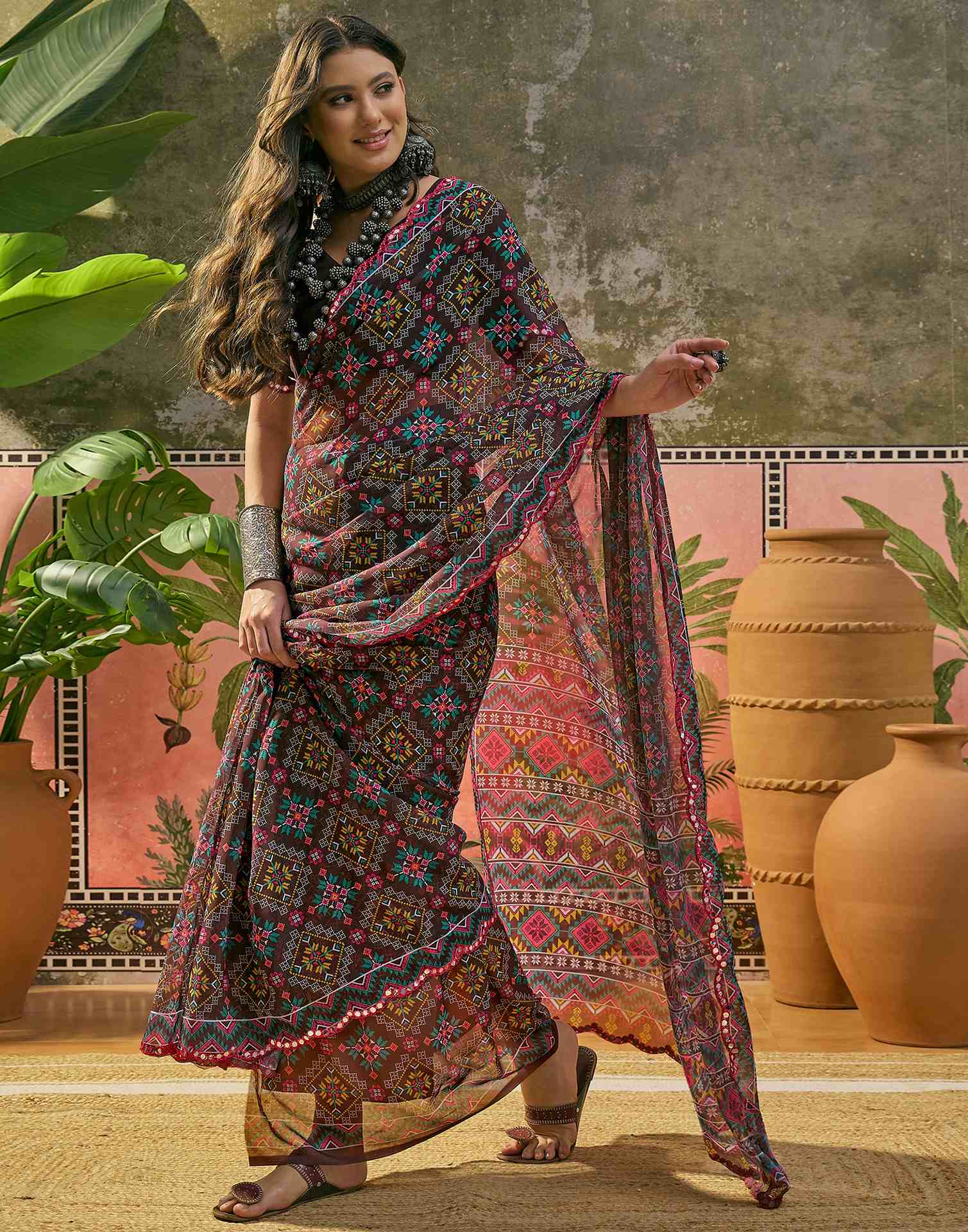 Dark Brown Georgette Printed Mirror Work Saree - Image 6