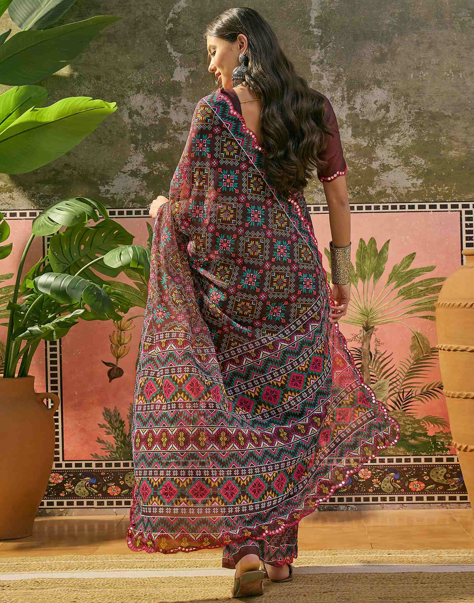 Dark Brown Georgette Printed Mirror Work Saree - Image 7
