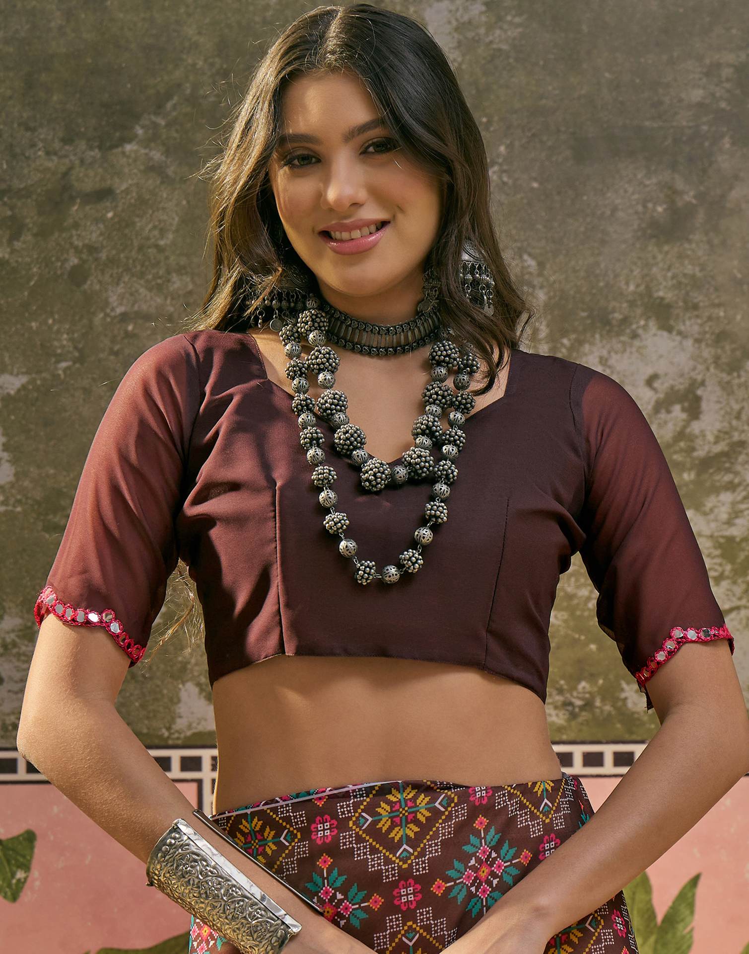 Dark Brown Georgette Printed Mirror Work Saree - Image 8