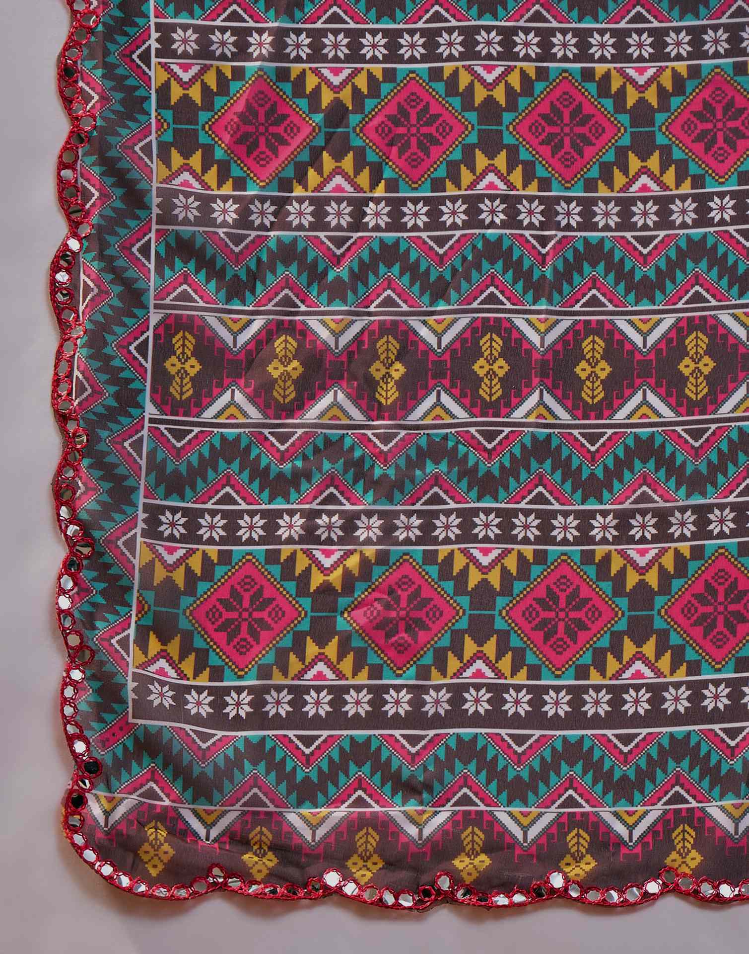 Dark Brown Georgette Printed Mirror Work Saree - Image 9