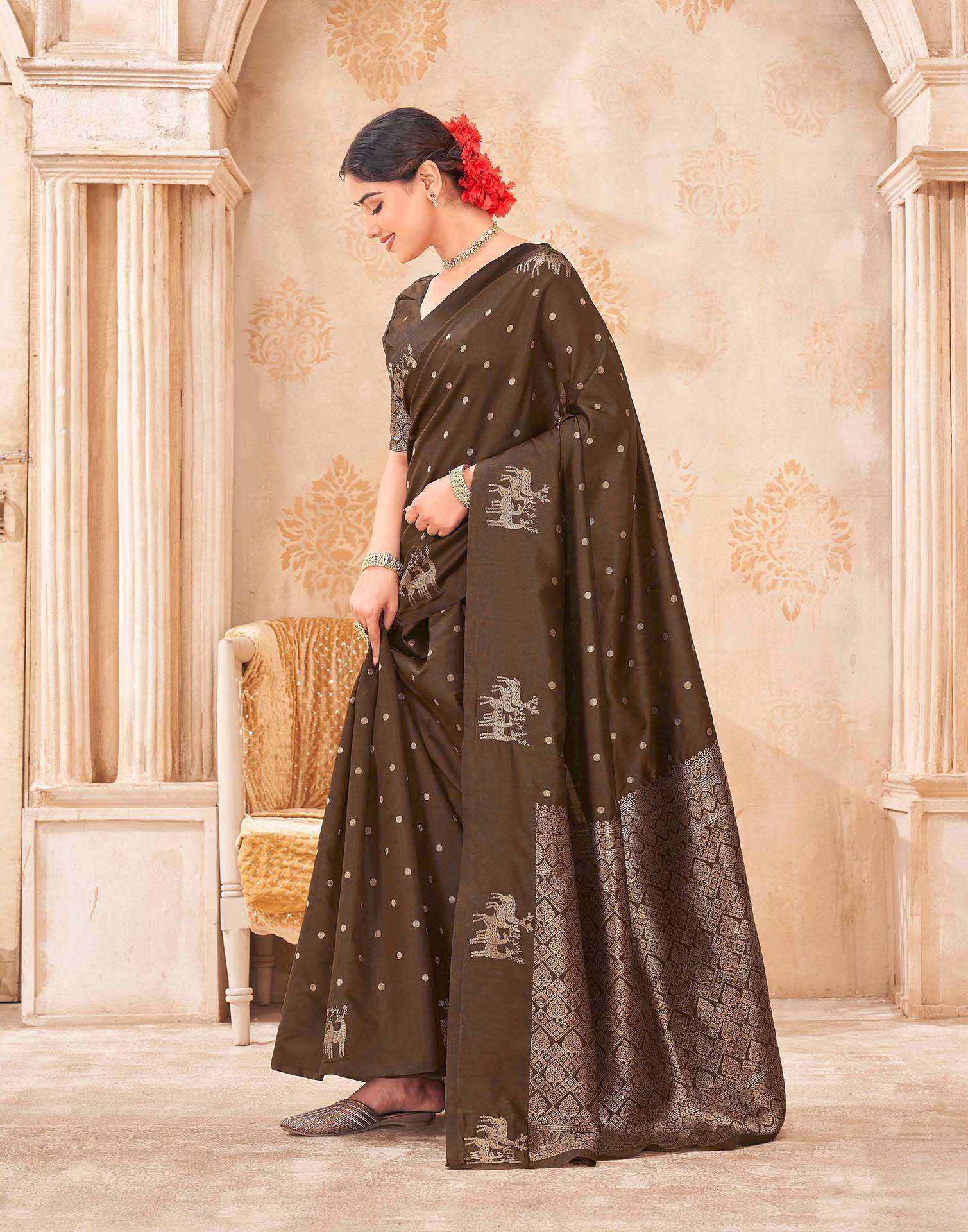 Dark Brown Silk Woven Banarasi Saree - Image 4