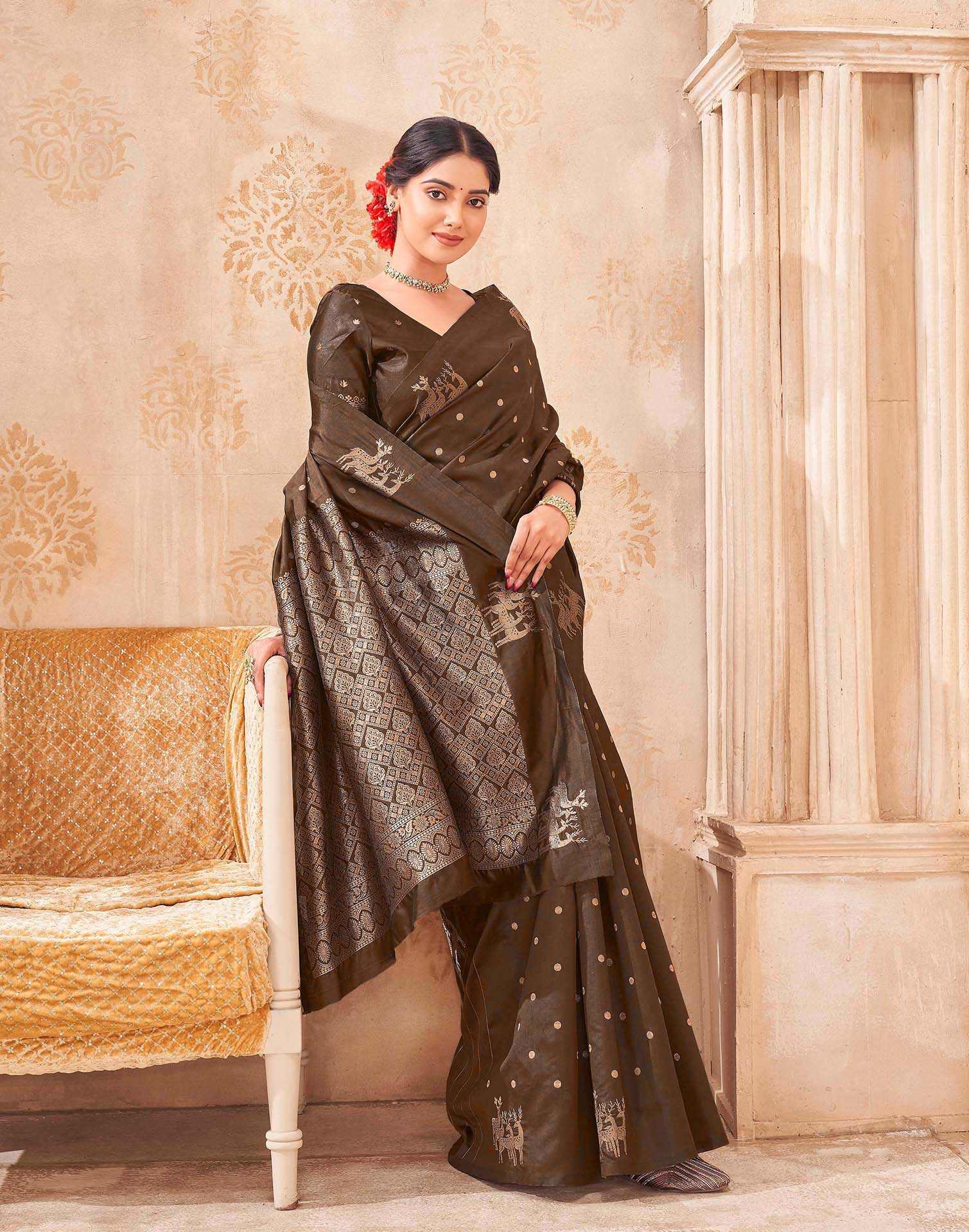 Dark Brown Silk Woven Banarasi Saree - Image 5