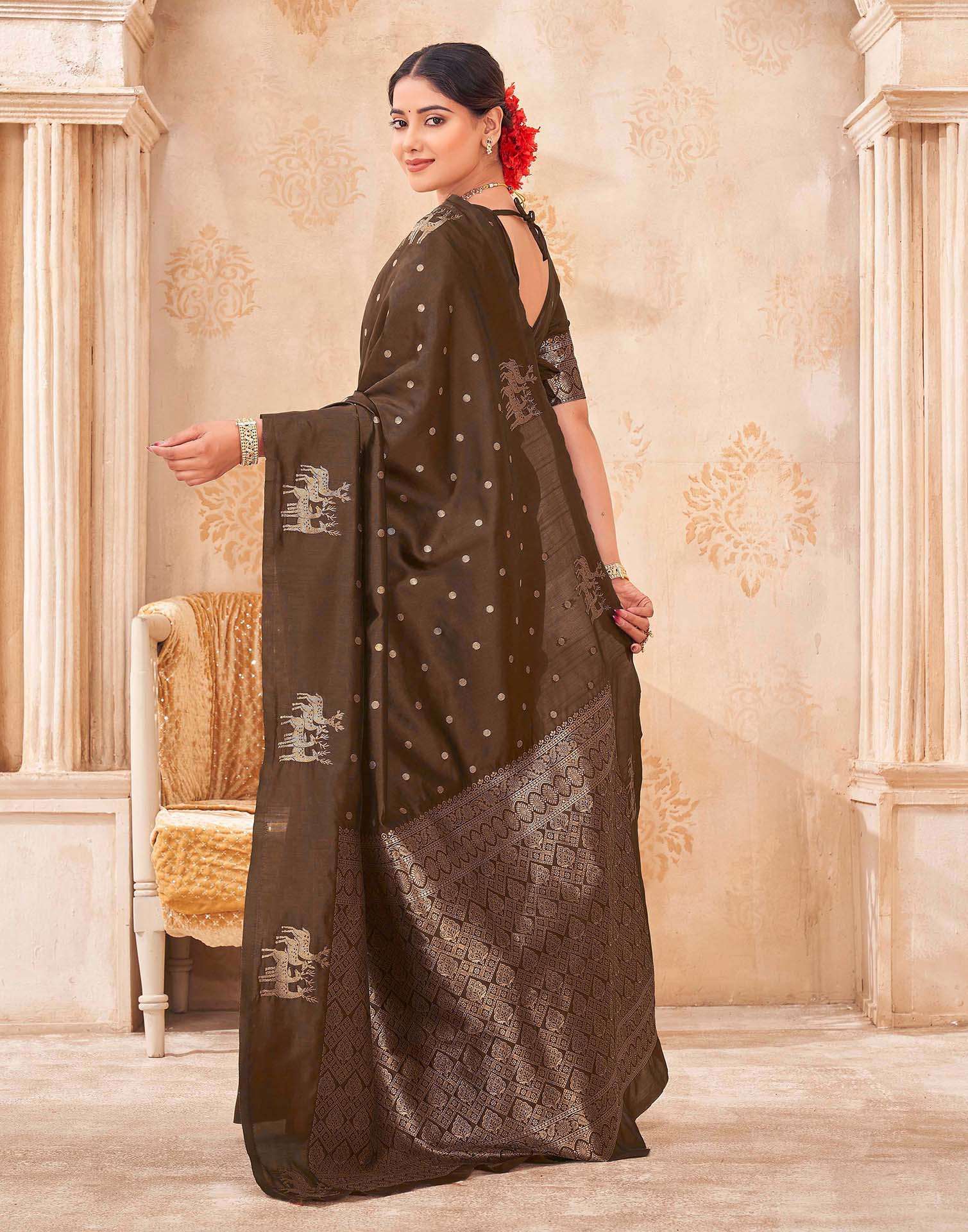 Dark Brown Silk Woven Banarasi Saree - Image 6