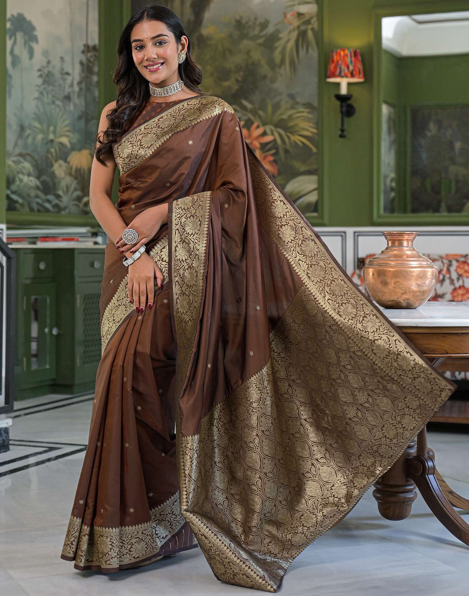 Dark Brown Silk Woven Banarasi Saree - Image 4