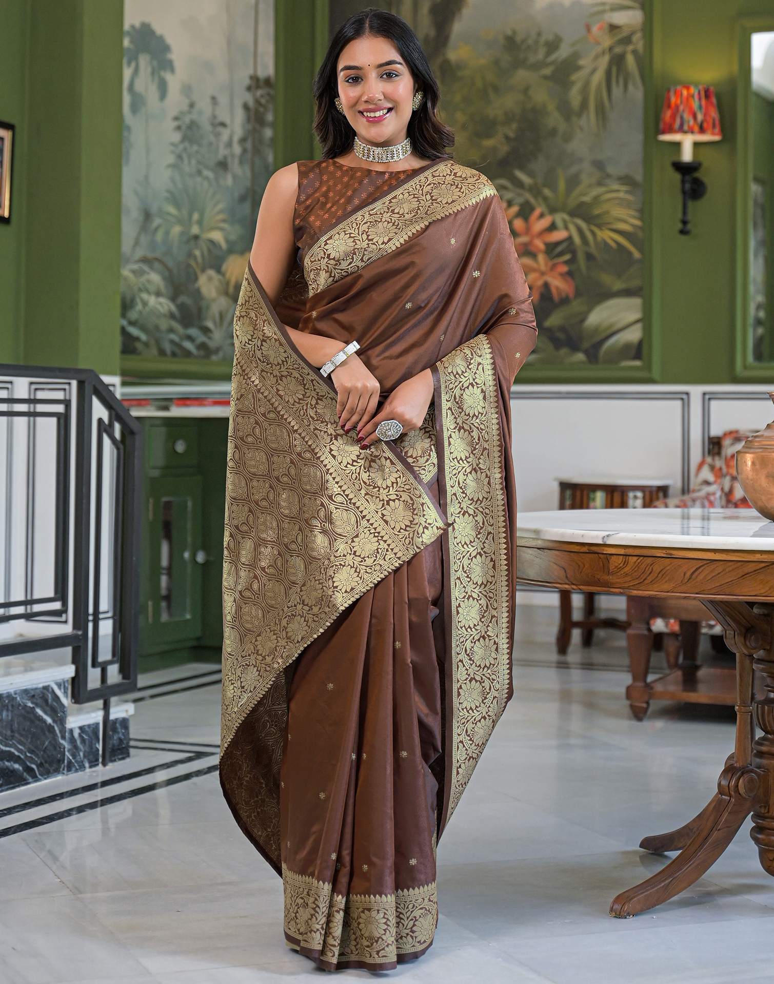 Dark Brown Silk Woven Banarasi Saree - Image 5