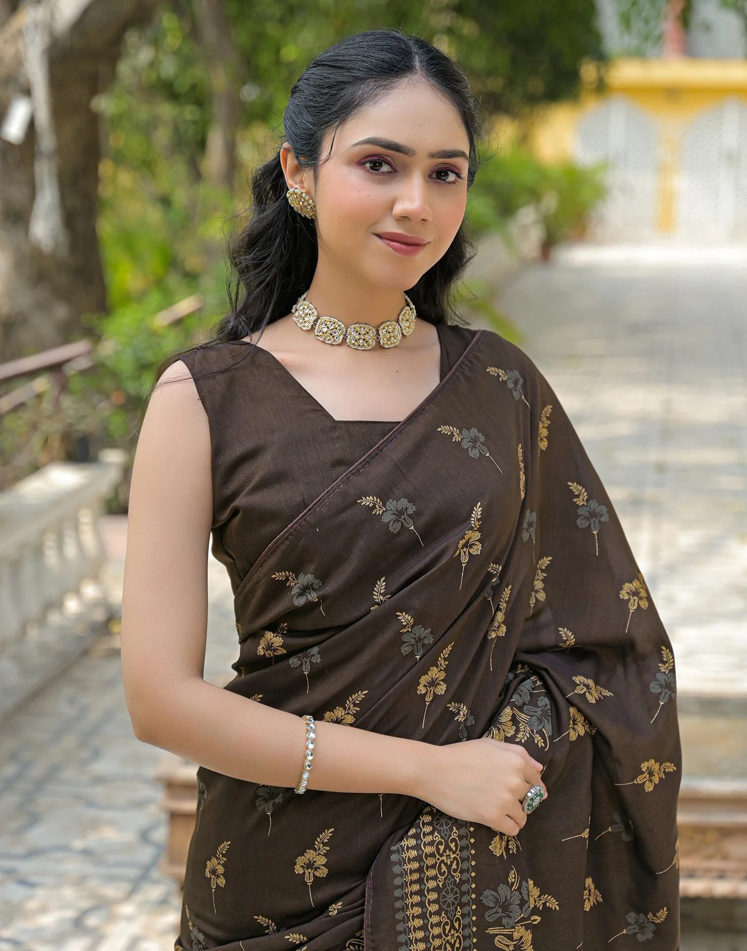 Dark Brown Vichitra Silk Foil Printed Saree - Image 2