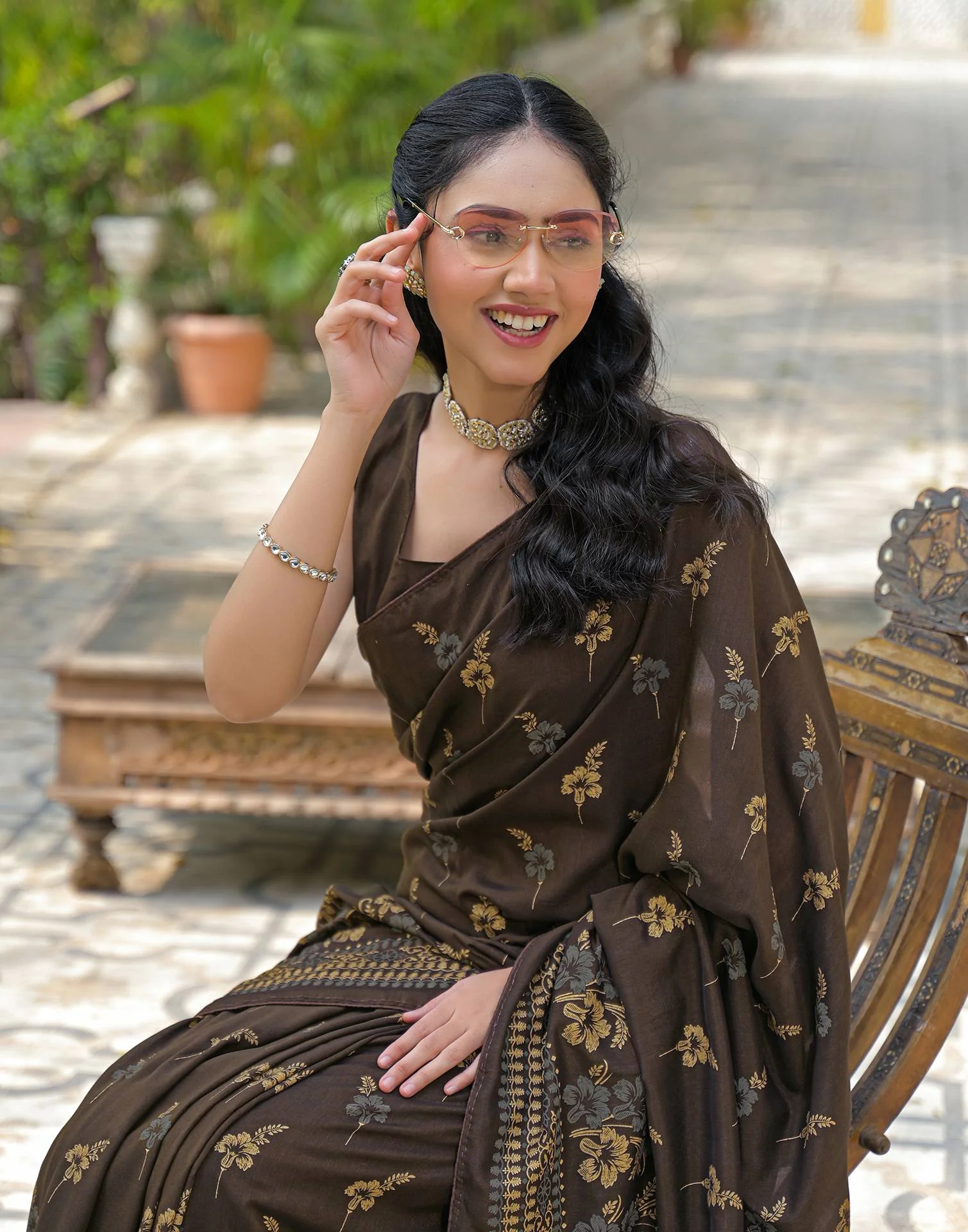 Dark Brown Vichitra Silk Foil Printed Saree - Image 4