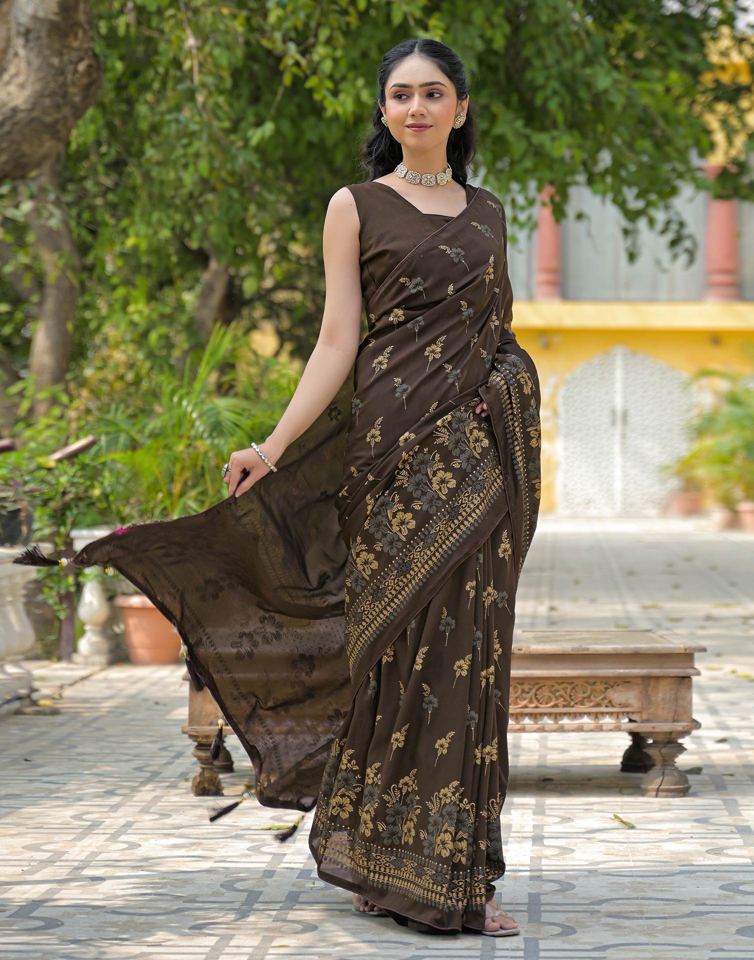 Dark Brown Vichitra Silk Foil Printed Saree - Image 6