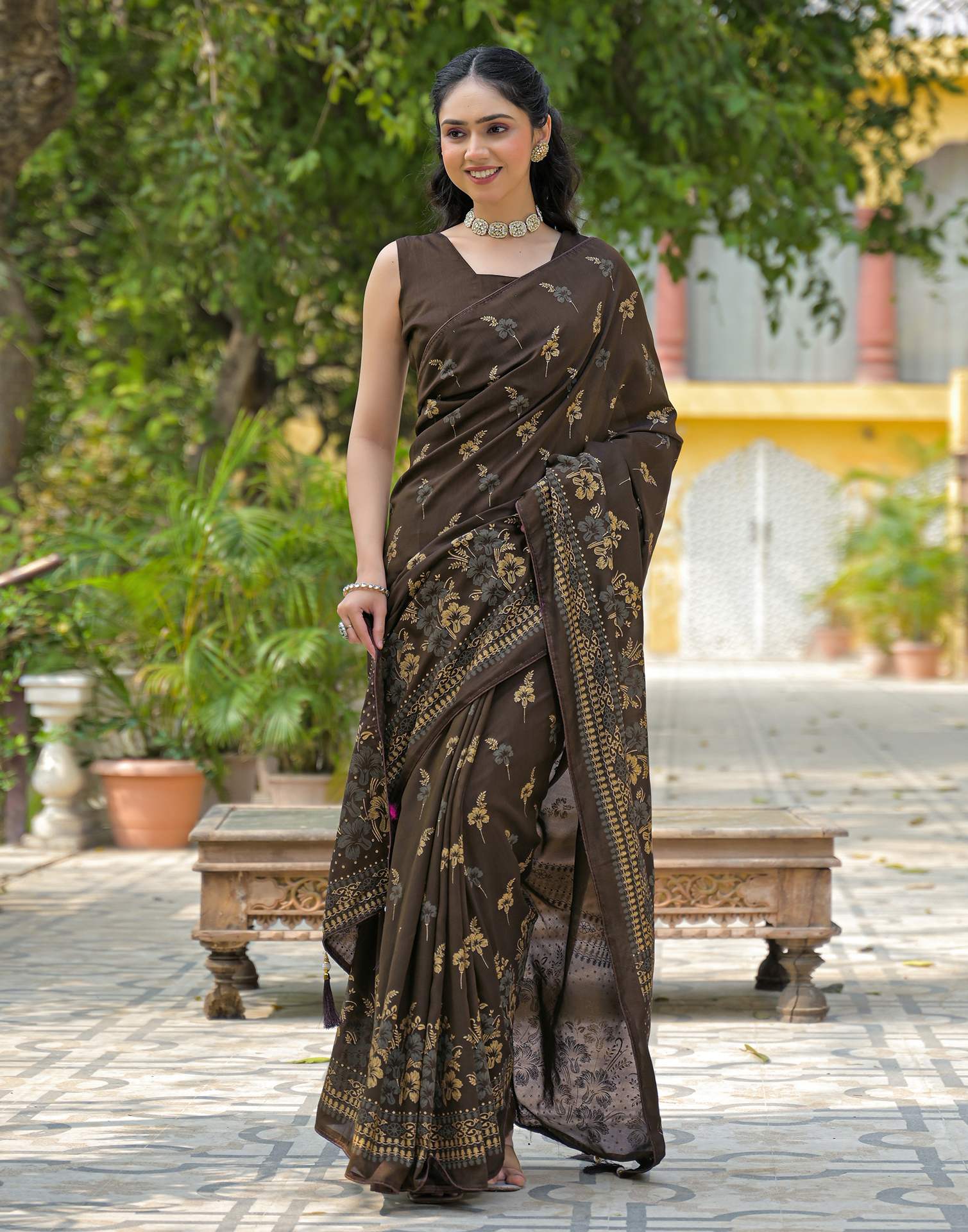 Dark Brown Vichitra Silk Foil Printed Saree - Image 9