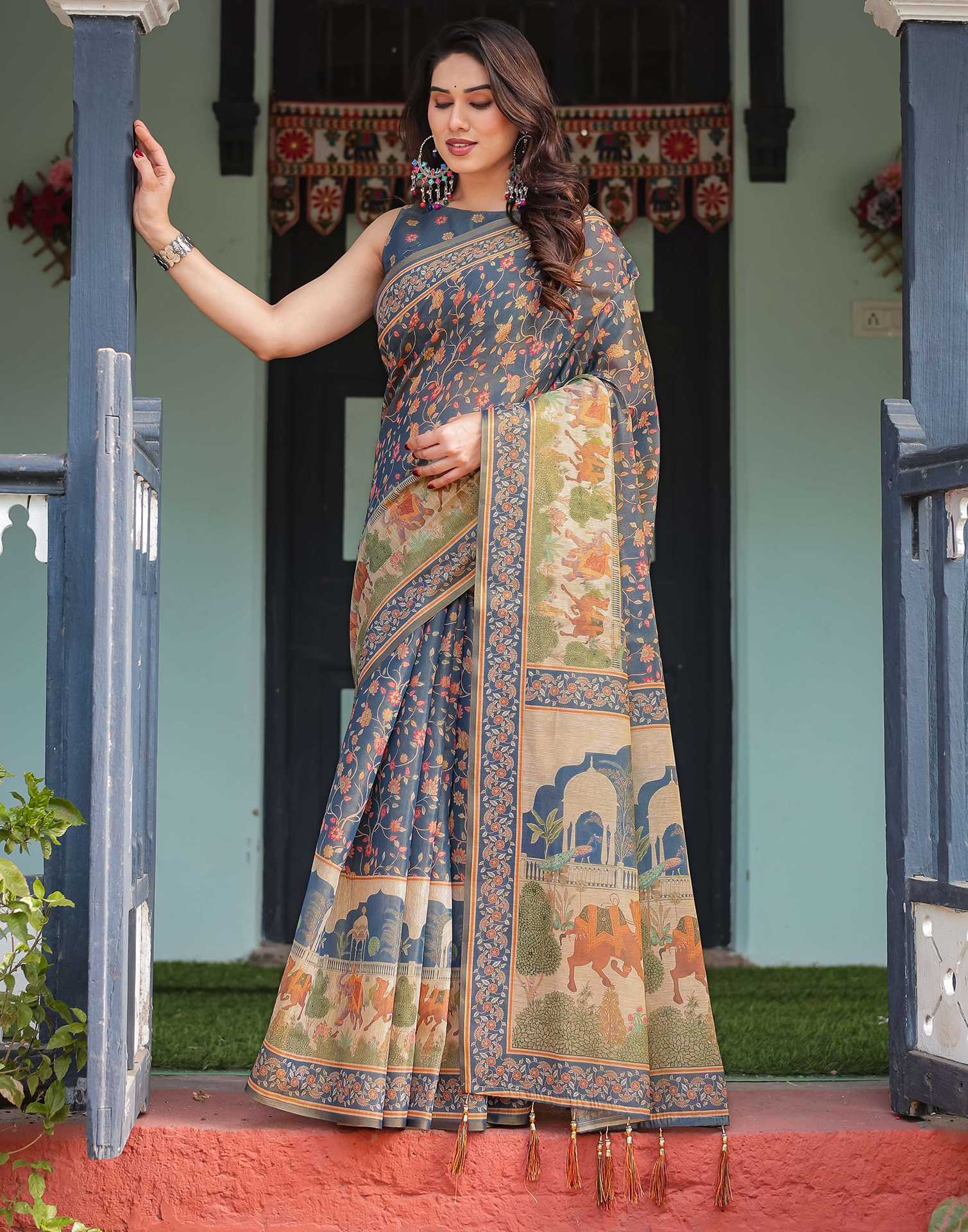 Dark Dusty Blue Linen Floral Printed Saree - Image 5