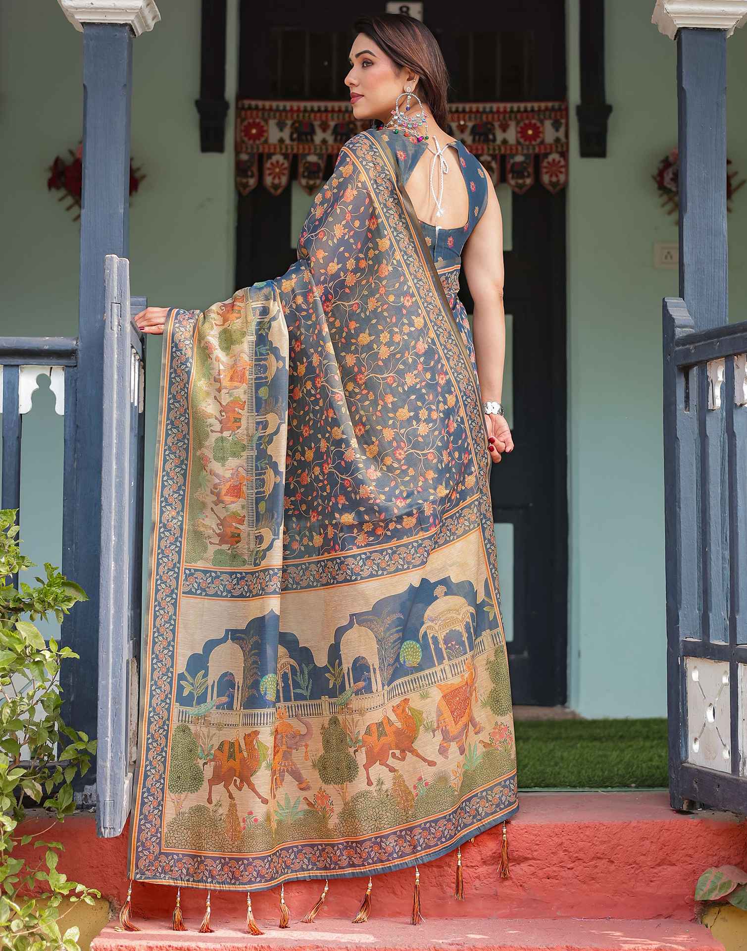 Dark Dusty Blue Linen Floral Printed Saree - Image 6