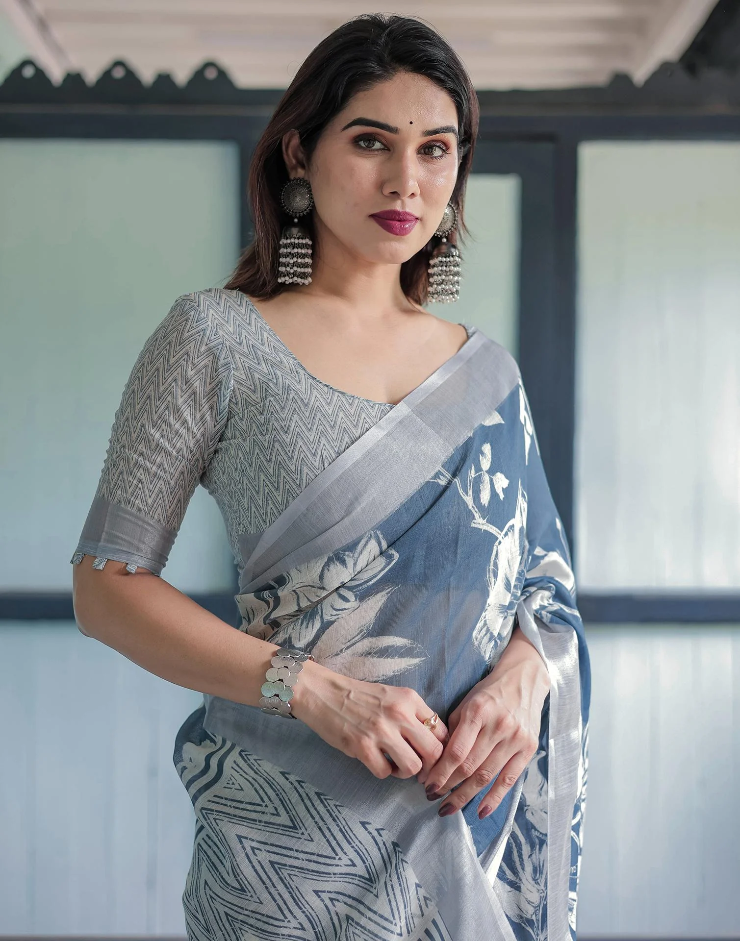 Dark Dusty Blue Linen Printed Saree - Image 5