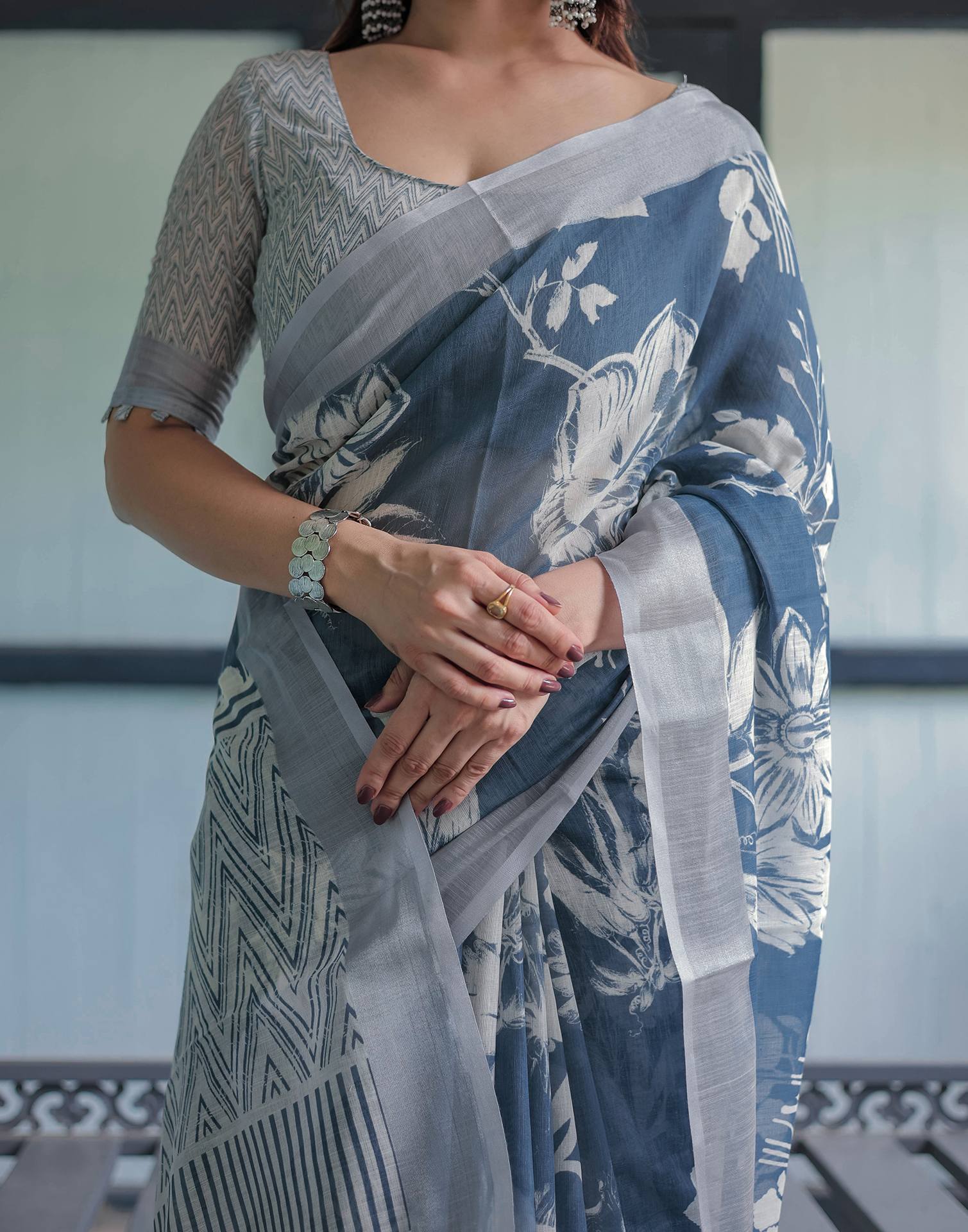 Dark Dusty Blue Linen Printed Saree - Image 7