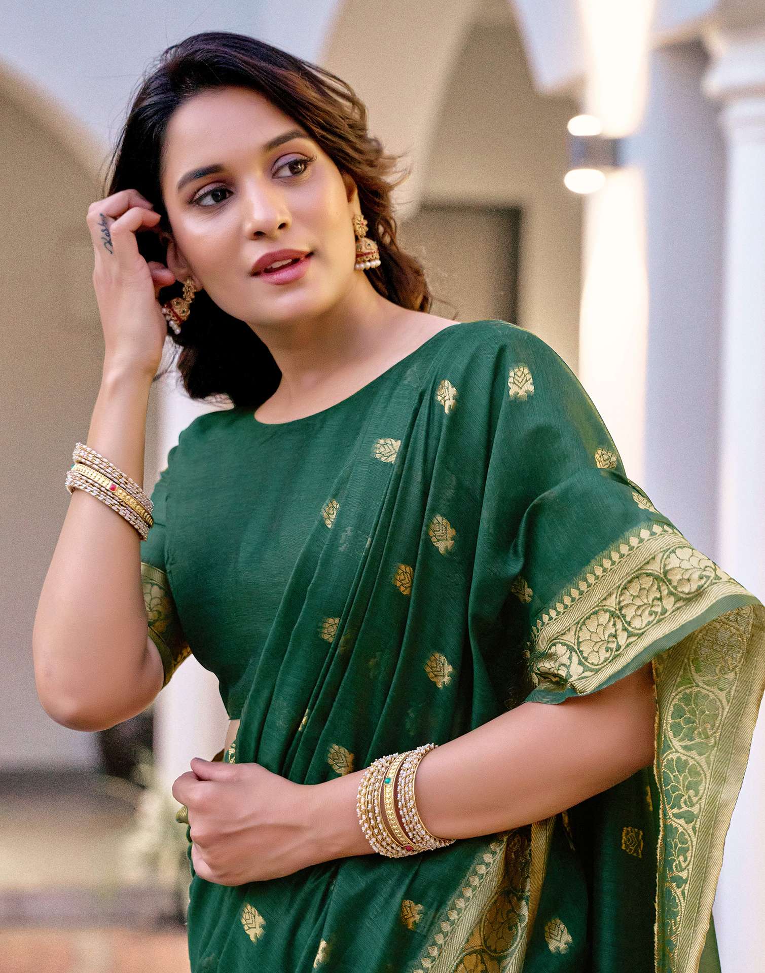 Dark Green Chanderi Woven Saree - Image 2