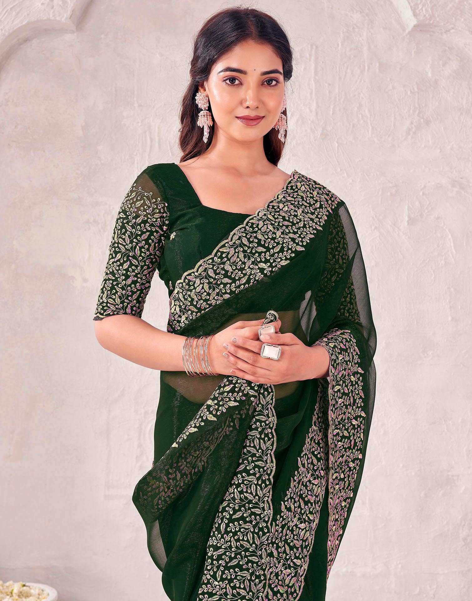 Dark Green Chiffon Embroidery Saree - Image 2