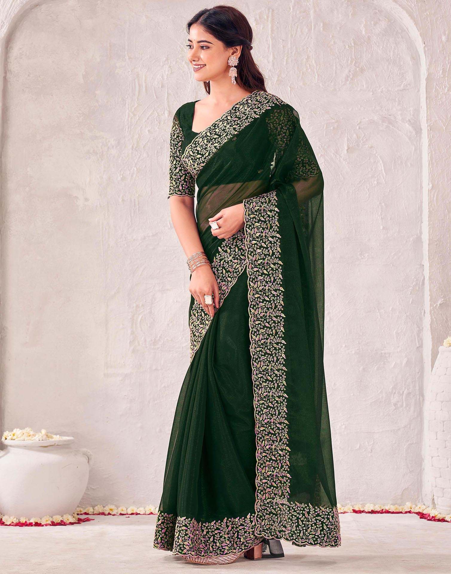 Dark Green Chiffon Embroidery Saree - Image 4