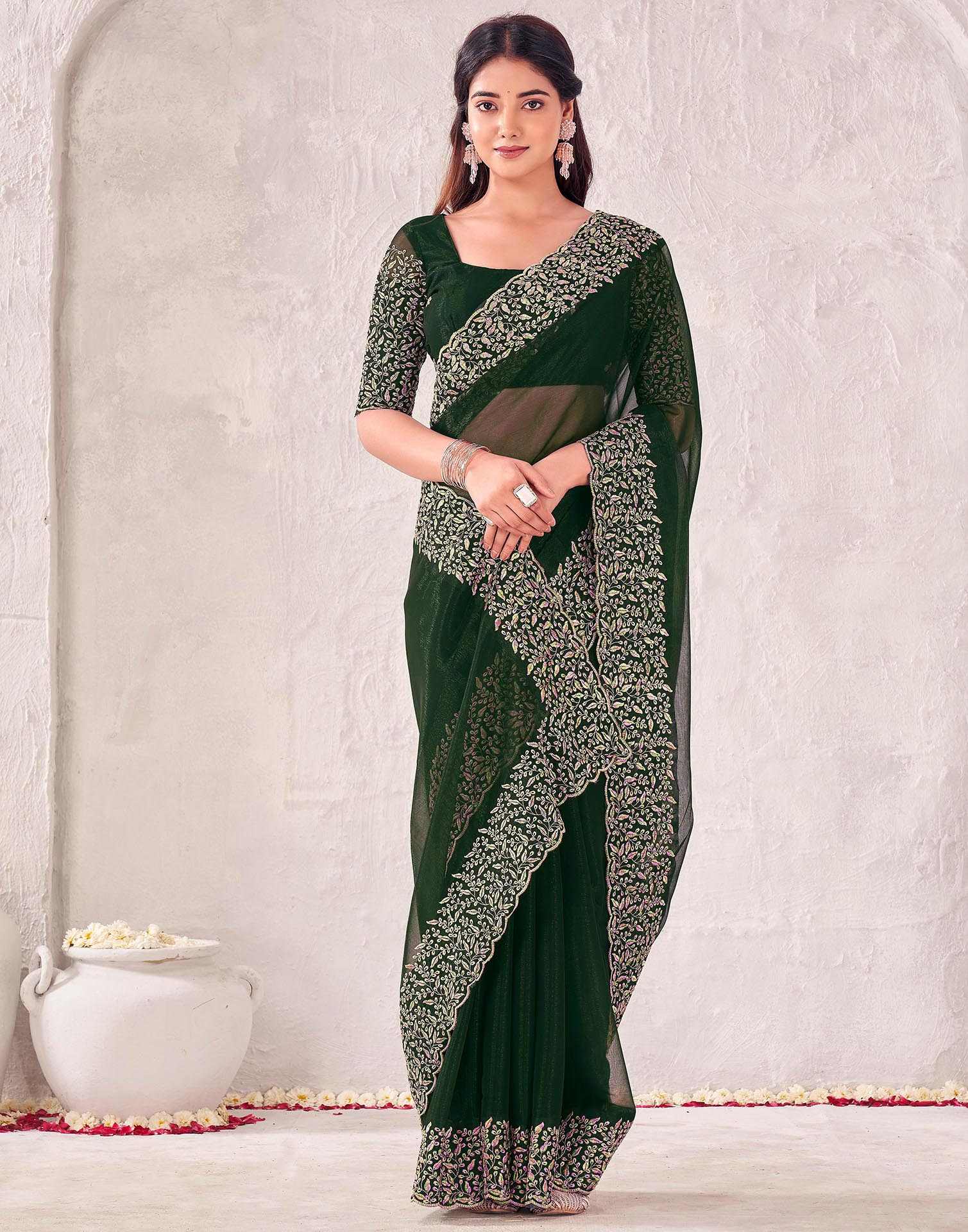 Dark Green Chiffon Embroidery Saree - Image 5